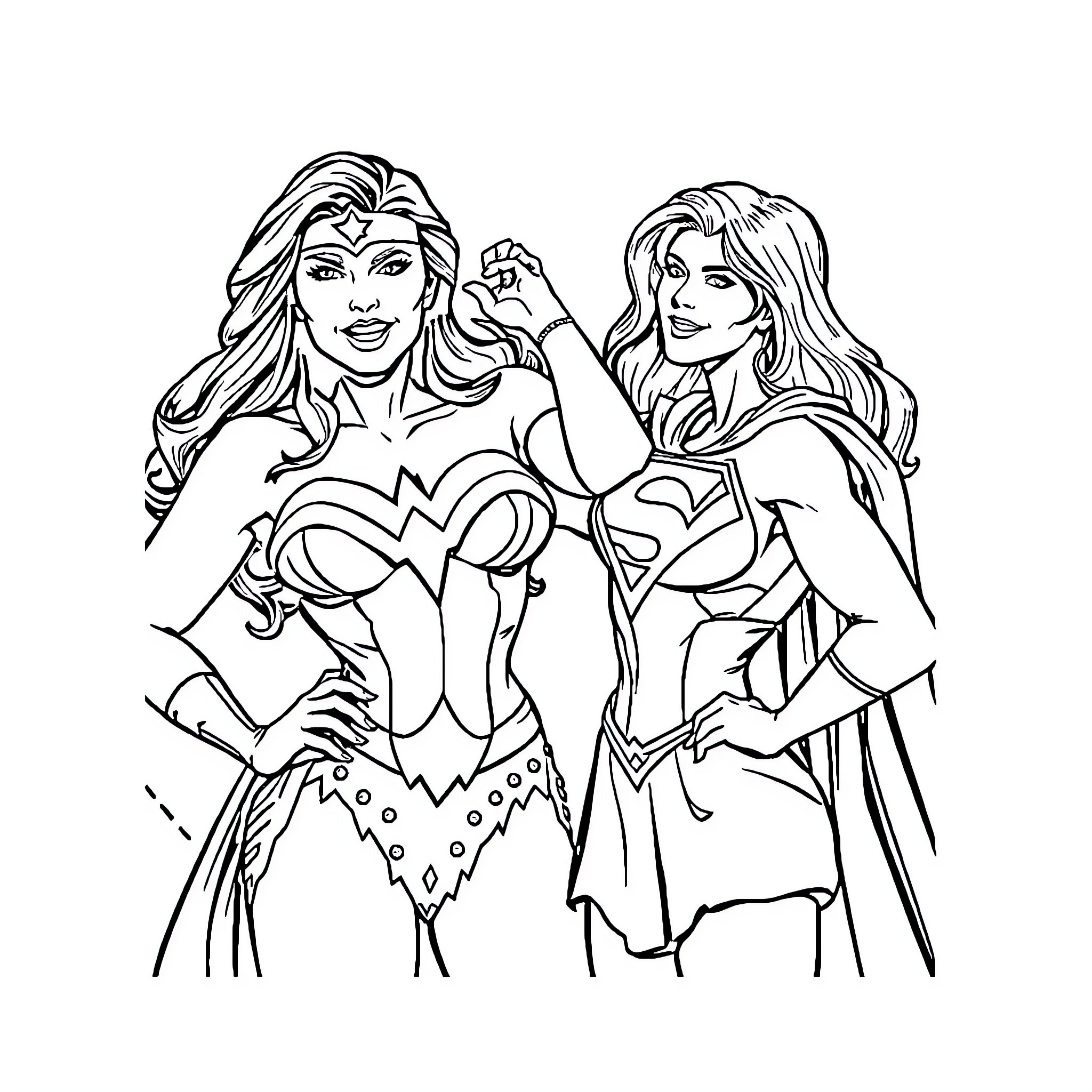 Wonder Woman and Supergirl in heroic poses Coloring Page (free black-and-white line drawing printable PDF for all, from beginners to advanced learners, including children, teens, adults, and seniors)