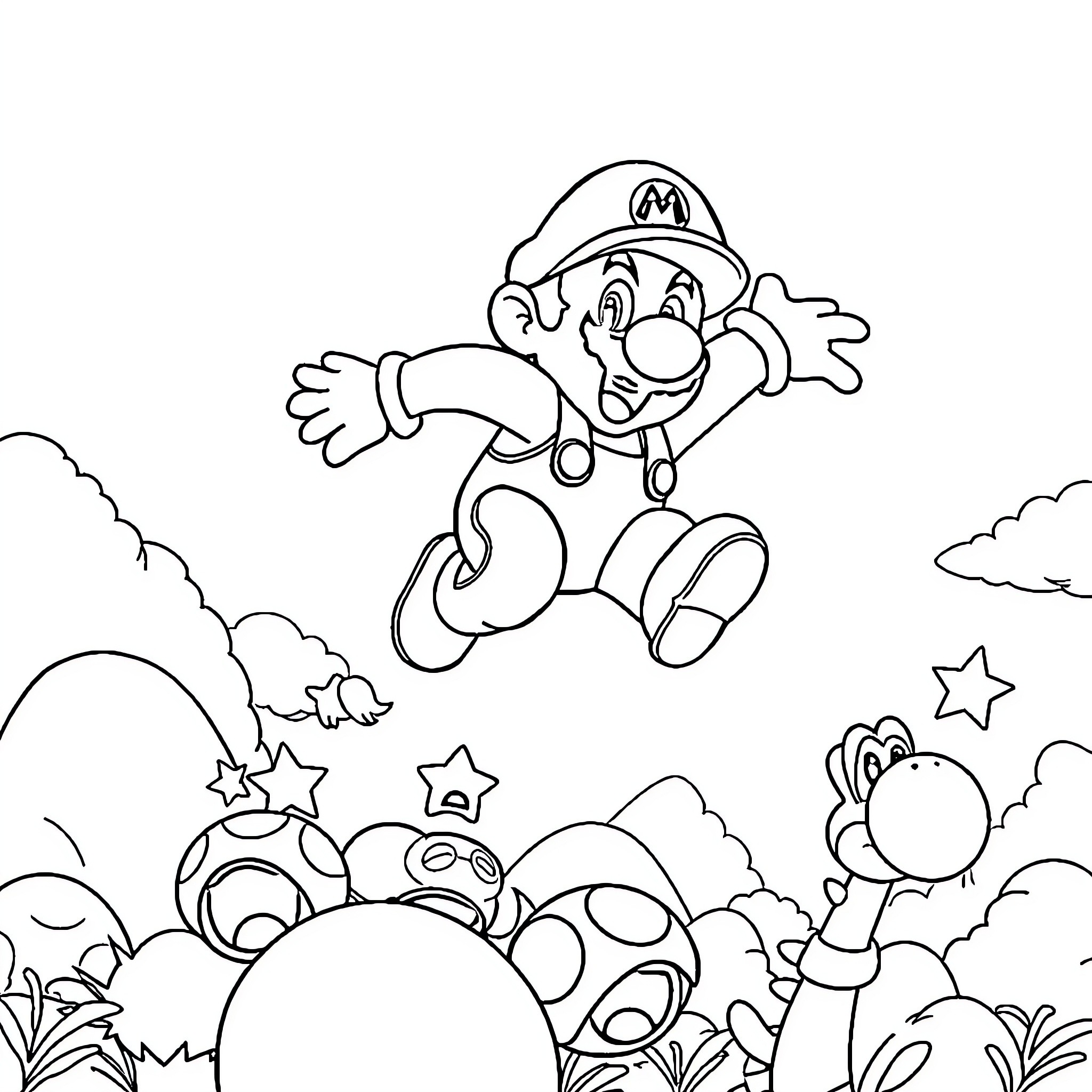 Super Mario Jumping with Joy in Mushroom Kingdom Coloring Page (free black-and-white line drawing printable PDF for all, from beginners to advanced learners, including children, teens, adults, and seniors)