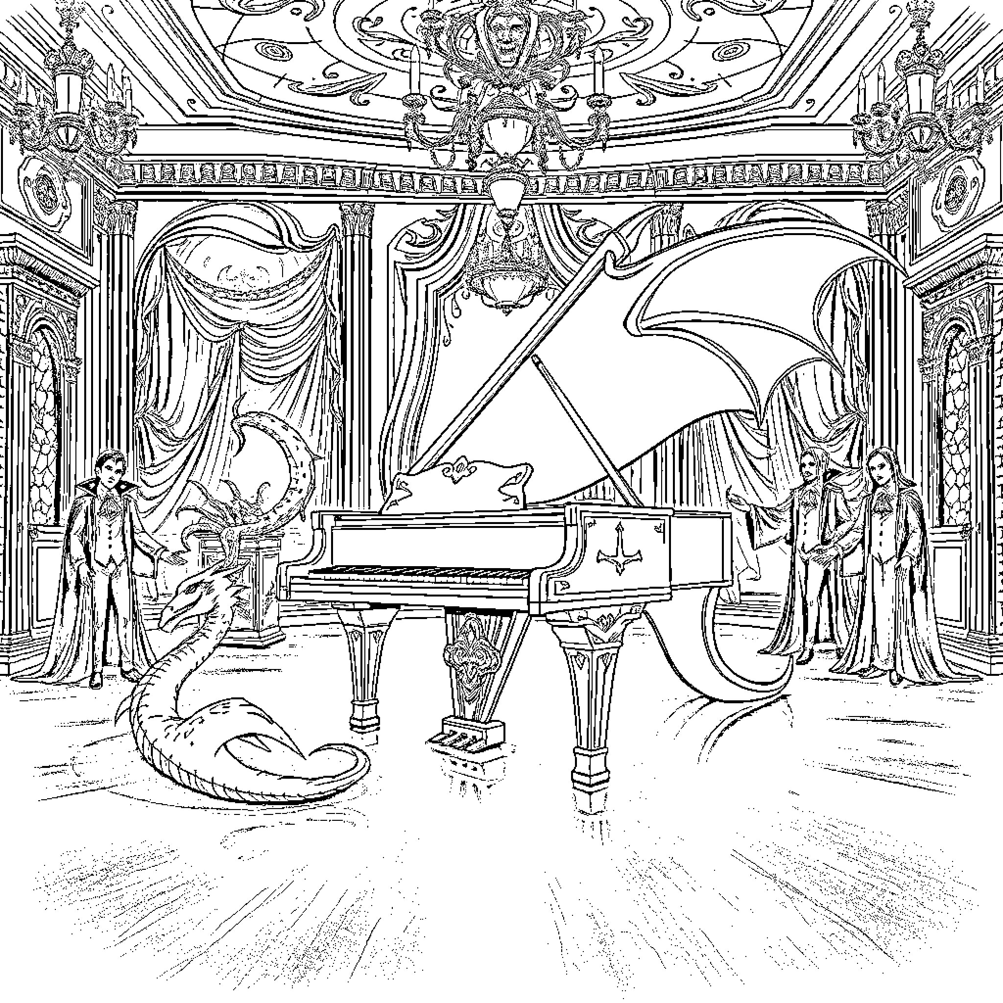 Piano in Fantastical Theatrical Setting Coloring Page (free black-and-white line drawing printable PDF for all, from beginners to advanced learners, including children, teens, adults, and seniors)