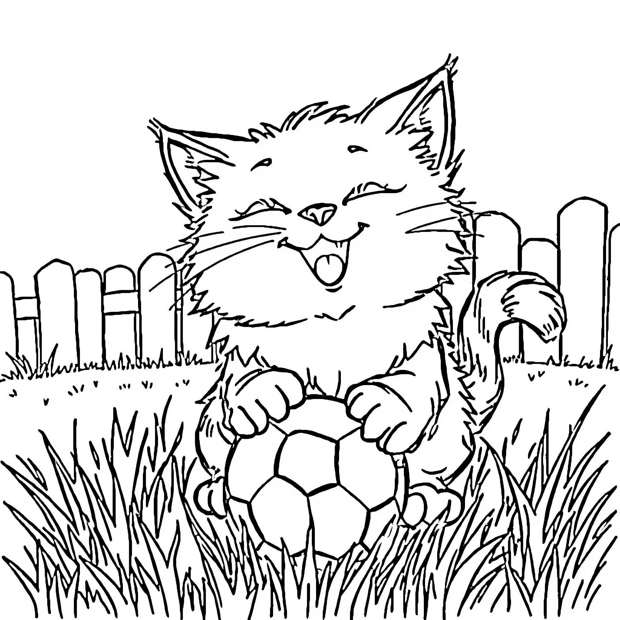 Cat playing with ball in the yard Coloring Page (free black-and-white line drawing printable PDF for all, from beginners to advanced learners, including children, teens, adults, and seniors)