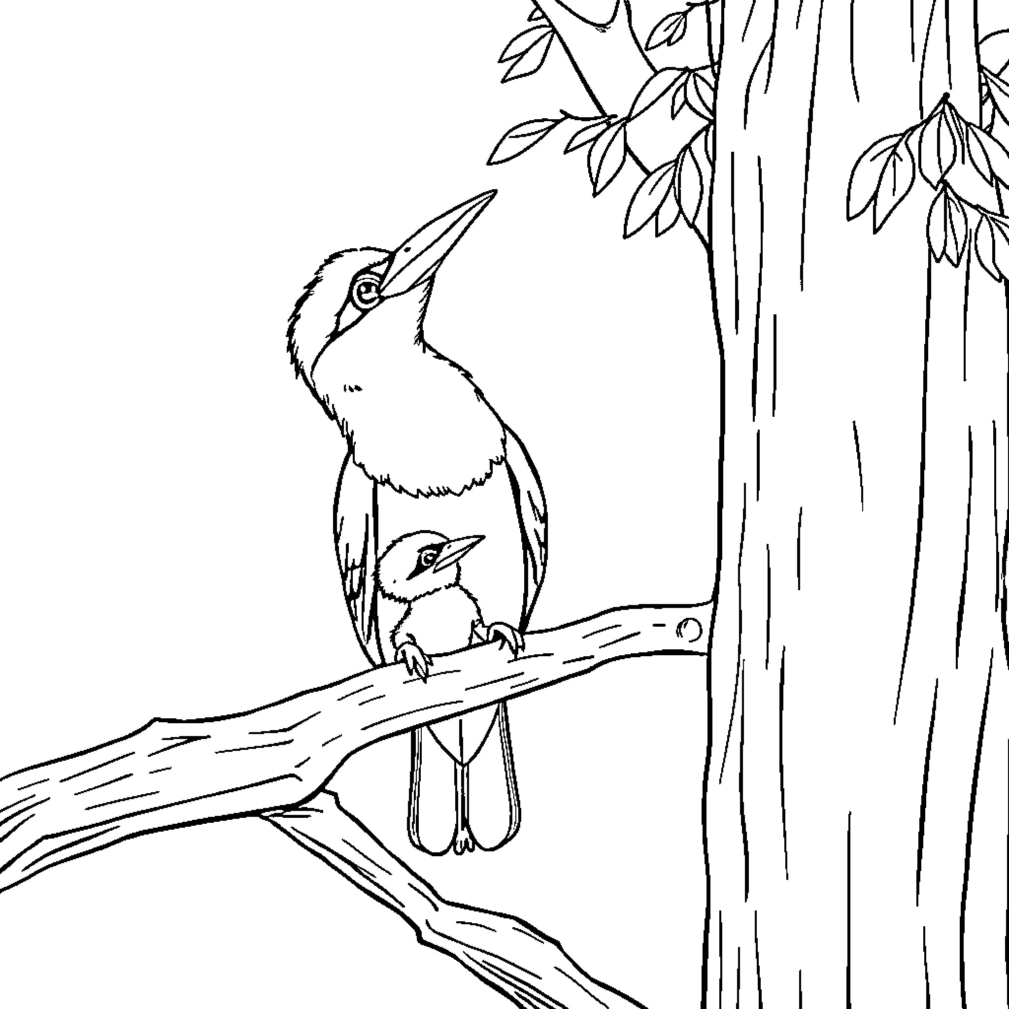 Kookaburra pair perched on a tree branch Coloring Page (free black-and-white line drawing printable PDF for all, from beginners to advanced learners, including children, teens, adults, and seniors)