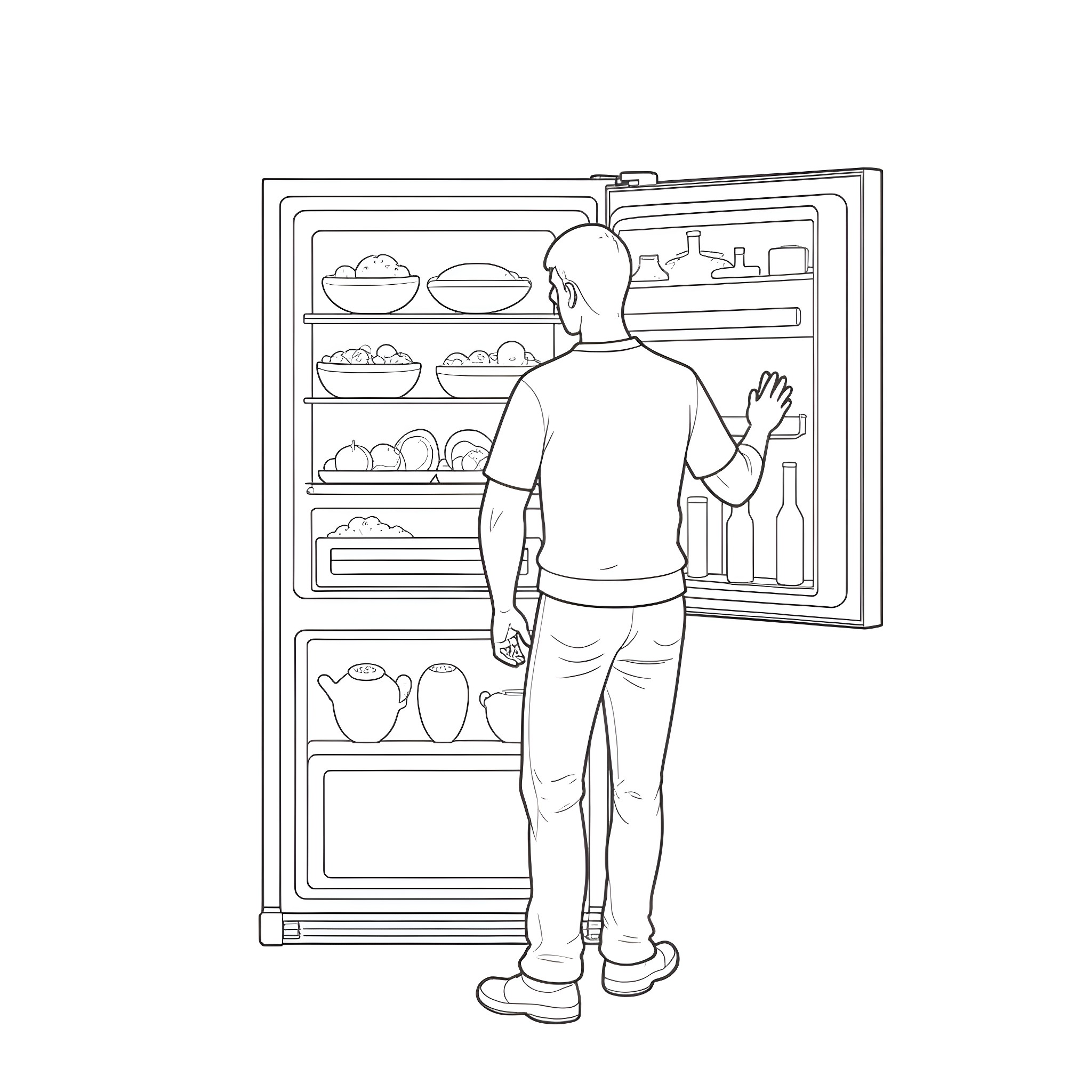 Robert Jeffrey searching the refrigerator Coloring Page (free black-and-white line drawing printable PDF for all, from beginners to advanced learners, including children, teens, adults, and seniors)