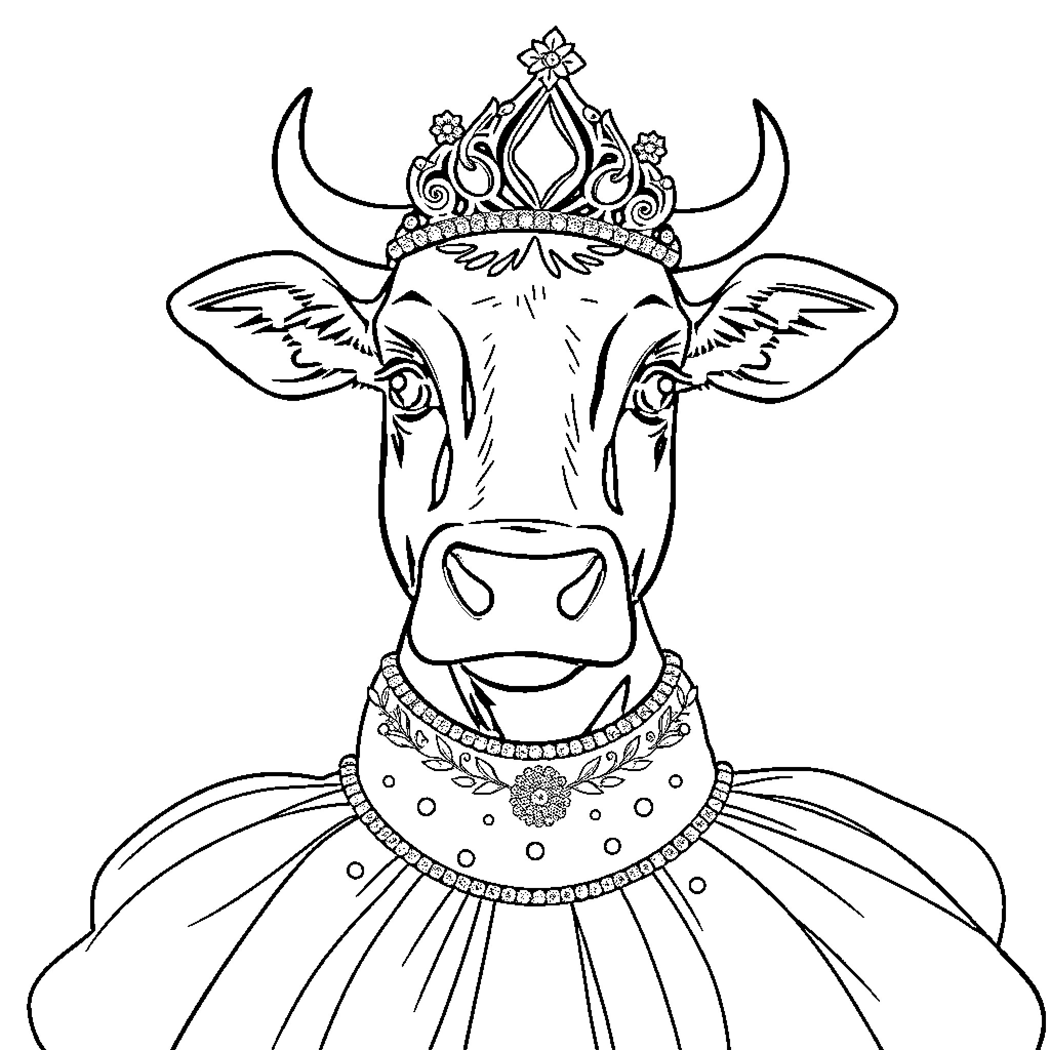 Cow wearing ornate crown and jewelry Coloring Page (free black-and-white line drawing printable PDF for all, from beginners to advanced learners, including children, teens, adults, and seniors)