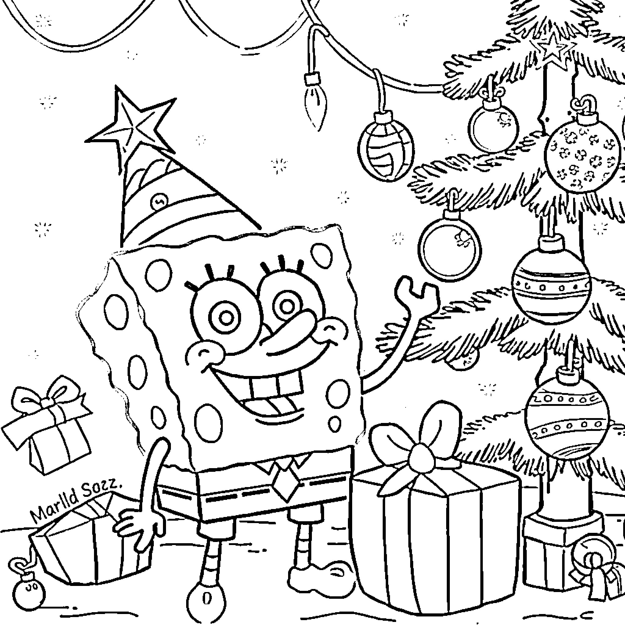 Spongebob celebrates festive holiday with decorations Coloring Page (free black-and-white line drawing printable PDF for all, from beginners to advanced learners, including children, teens, adults, and seniors)