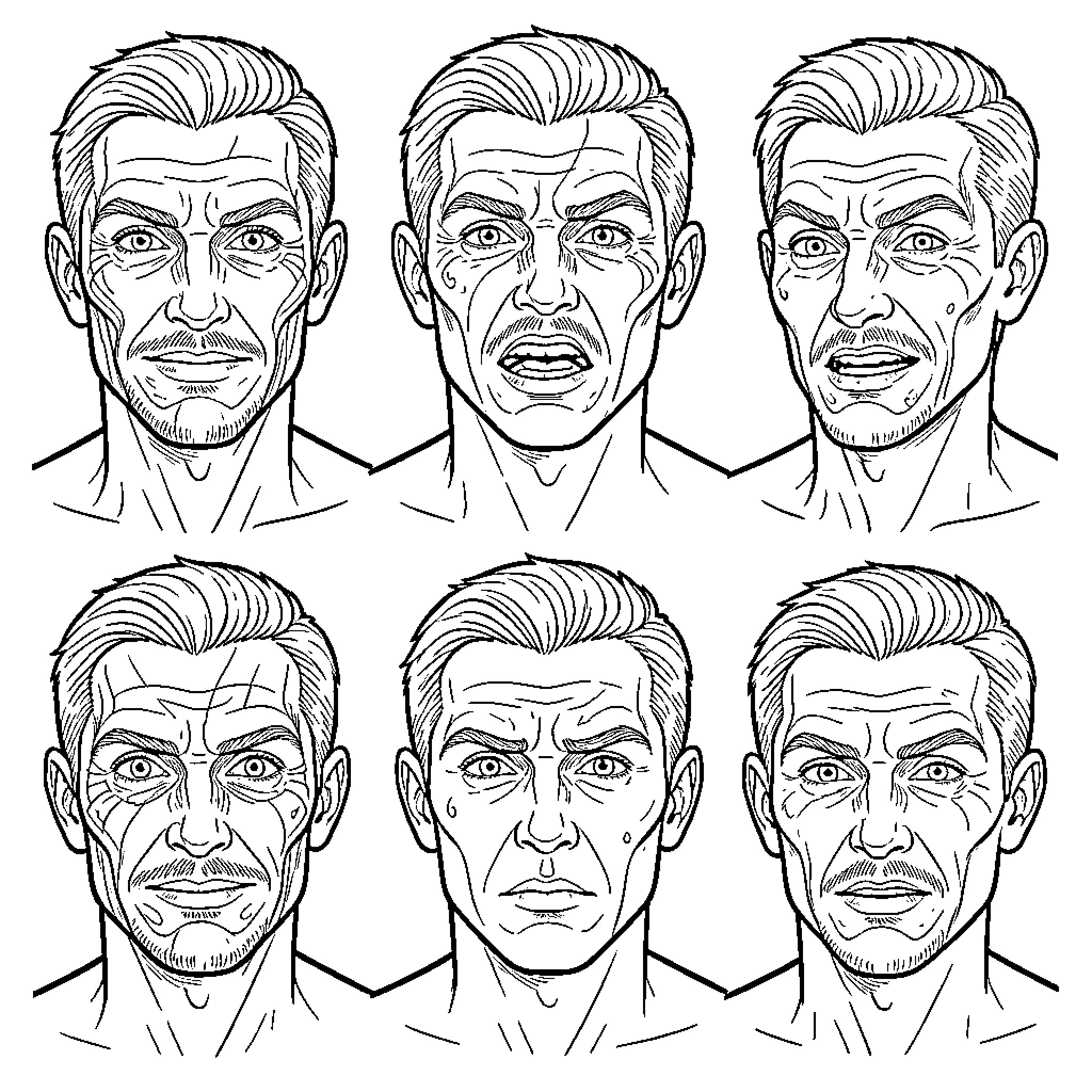Facial Musculature Expressions of a Man Coloring Page (free black-and-white line drawing printable PDF for all, from beginners to advanced learners, including children, teens, adults, and seniors)