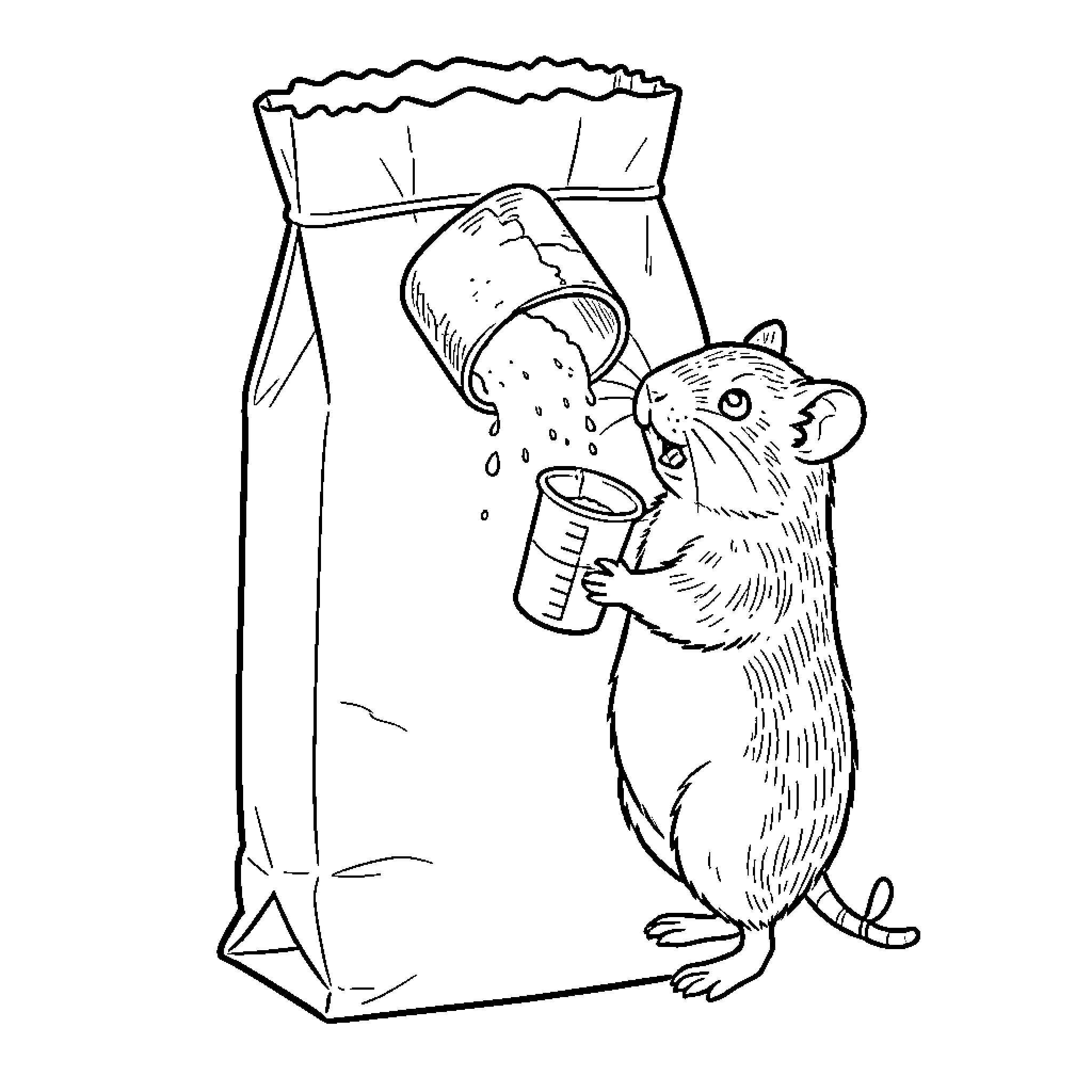 Hamster pouring seeds from a cup into a bag Coloring Page (free black-and-white line drawing printable PDF for all, from beginners to advanced learners, including children, teens, adults, and seniors)