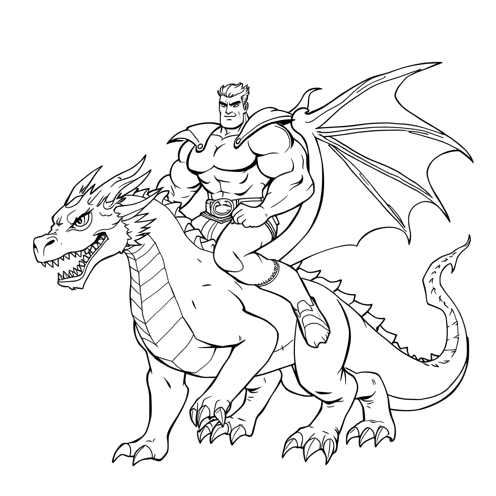 Superhero riding a fierce dragon Coloring Page (free black-and-white line drawing printable PDF for all, from beginners to advanced learners, including children, teens, adults, and seniors)