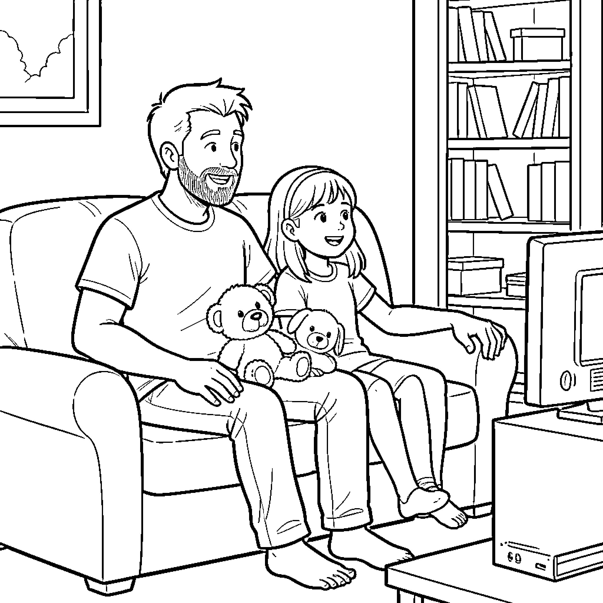 Daddy and Daughter Enjoying Cozy Time Together Coloring Page (free black-and-white line drawing printable PDF for all, from beginners to advanced learners, including children, teens, adults, and seniors)
