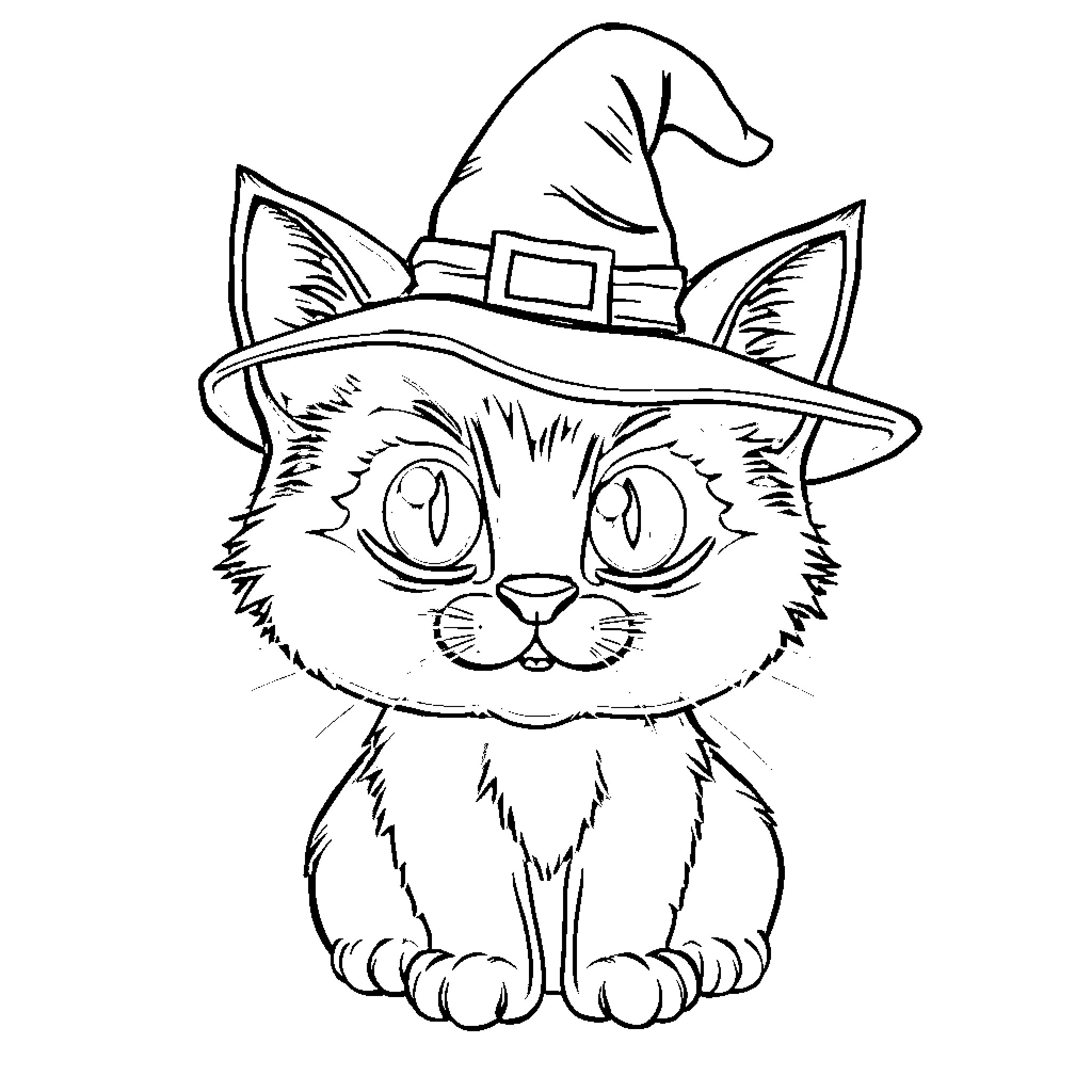 Cat wearing witch hat Coloring Page (free black-and-white line drawing printable PDF for all, from beginners to advanced learners, including children, teens, adults, and seniors)