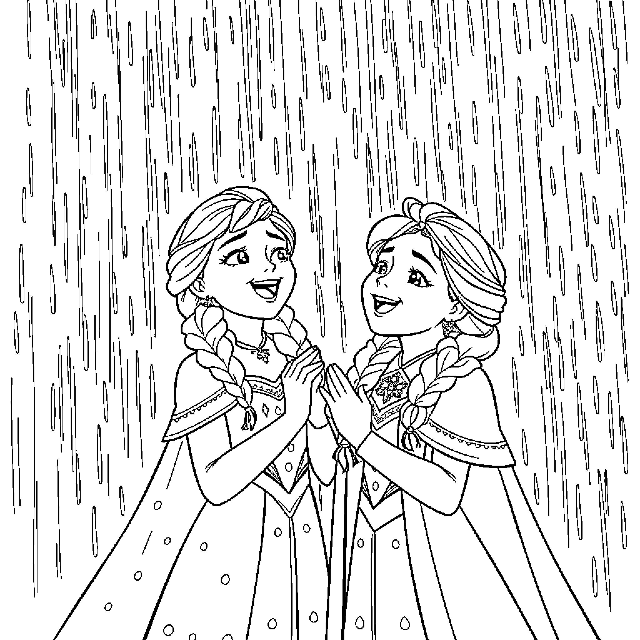 Anna and Elsa in the Rain Coloring Page (free black-and-white line drawing printable PDF for all, from beginners to advanced learners, including children, teens, adults, and seniors)