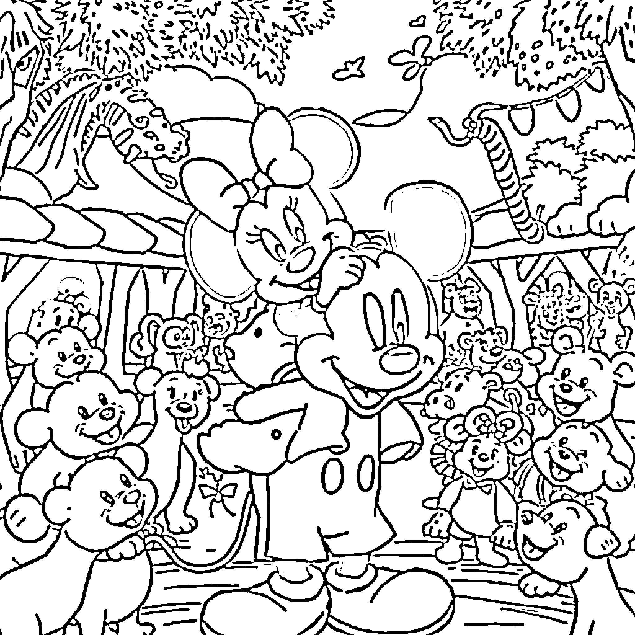 Mickey Mouse and Friends in a Playful Jungle Scene Coloring Page (free black-and-white line drawing printable PDF for all, from beginners to advanced learners, including children, teens, adults, and seniors)