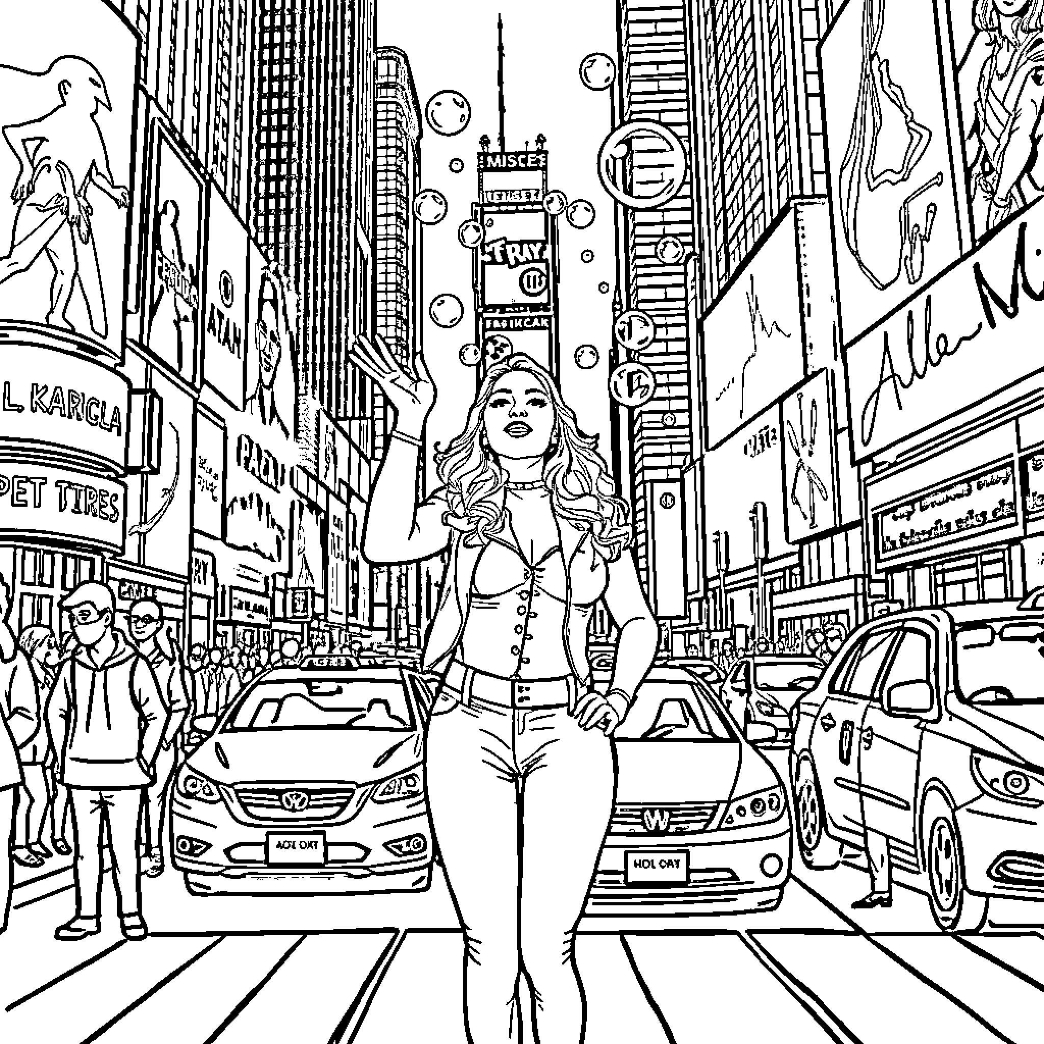 Madonna's Vibrant Times Square Adventure Coloring Page (free black-and-white line drawing printable PDF for all, from beginners to advanced learners, including children, teens, adults, and seniors)