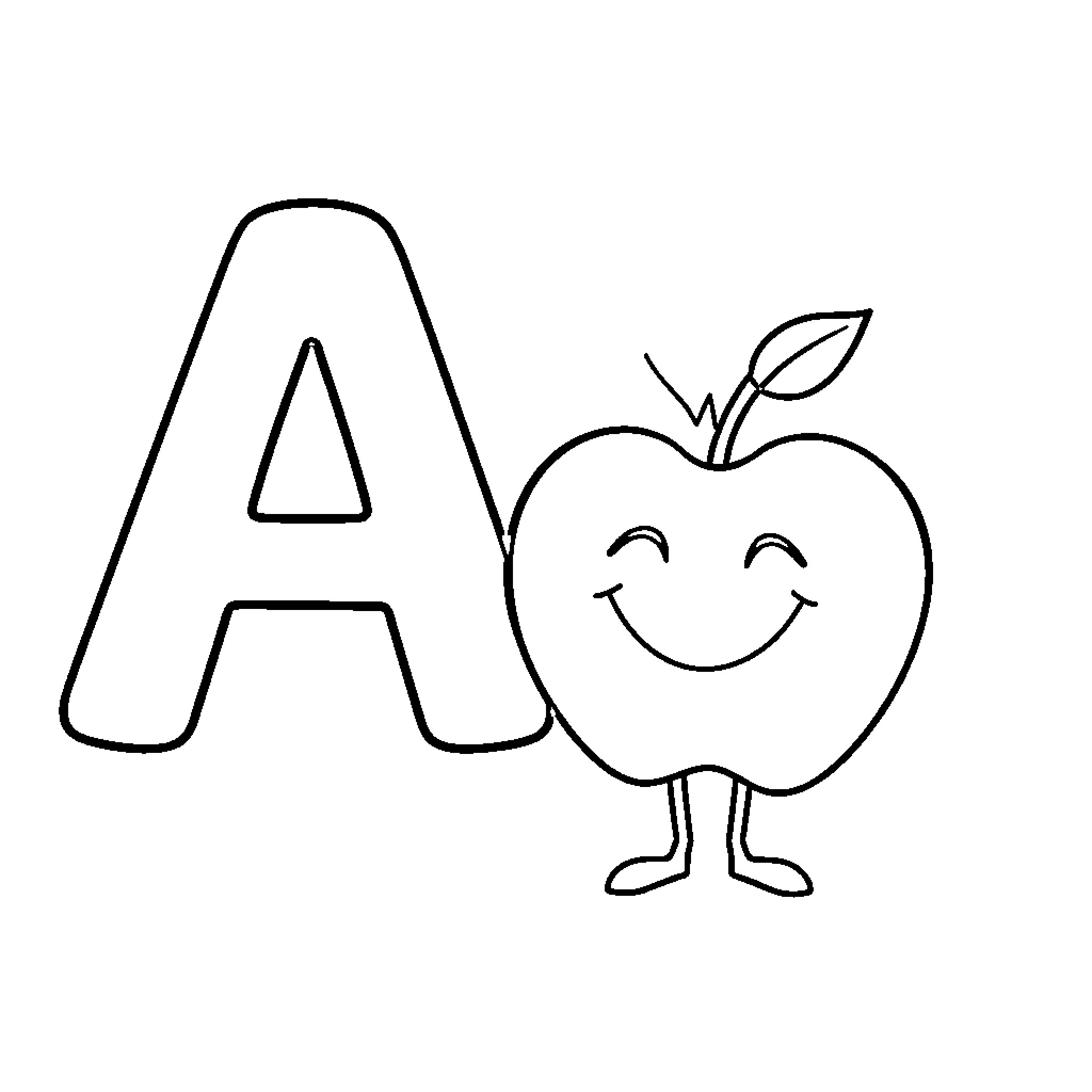 Apple shaped character with letter A Coloring Page (free black-and-white line drawing printable PDF for all, from beginners to advanced learners, including children, teens, adults, and seniors)