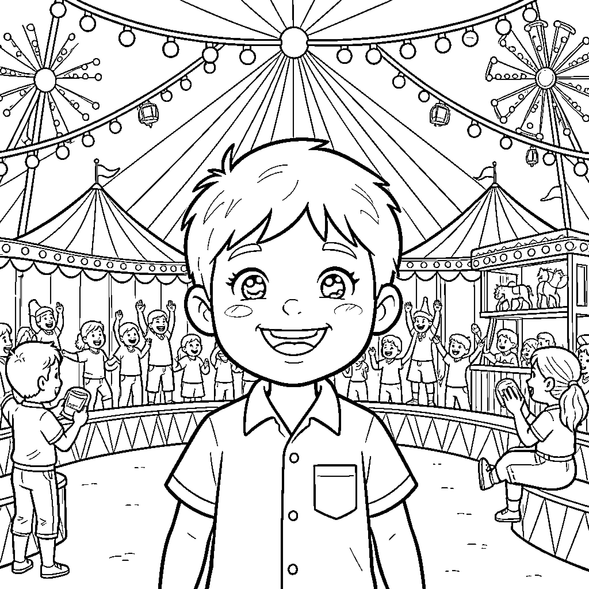 Boy enjoying the carnival festival atmosphere Coloring Page (free black-and-white line drawing printable PDF for all, from beginners to advanced learners, including children, teens, adults, and seniors)