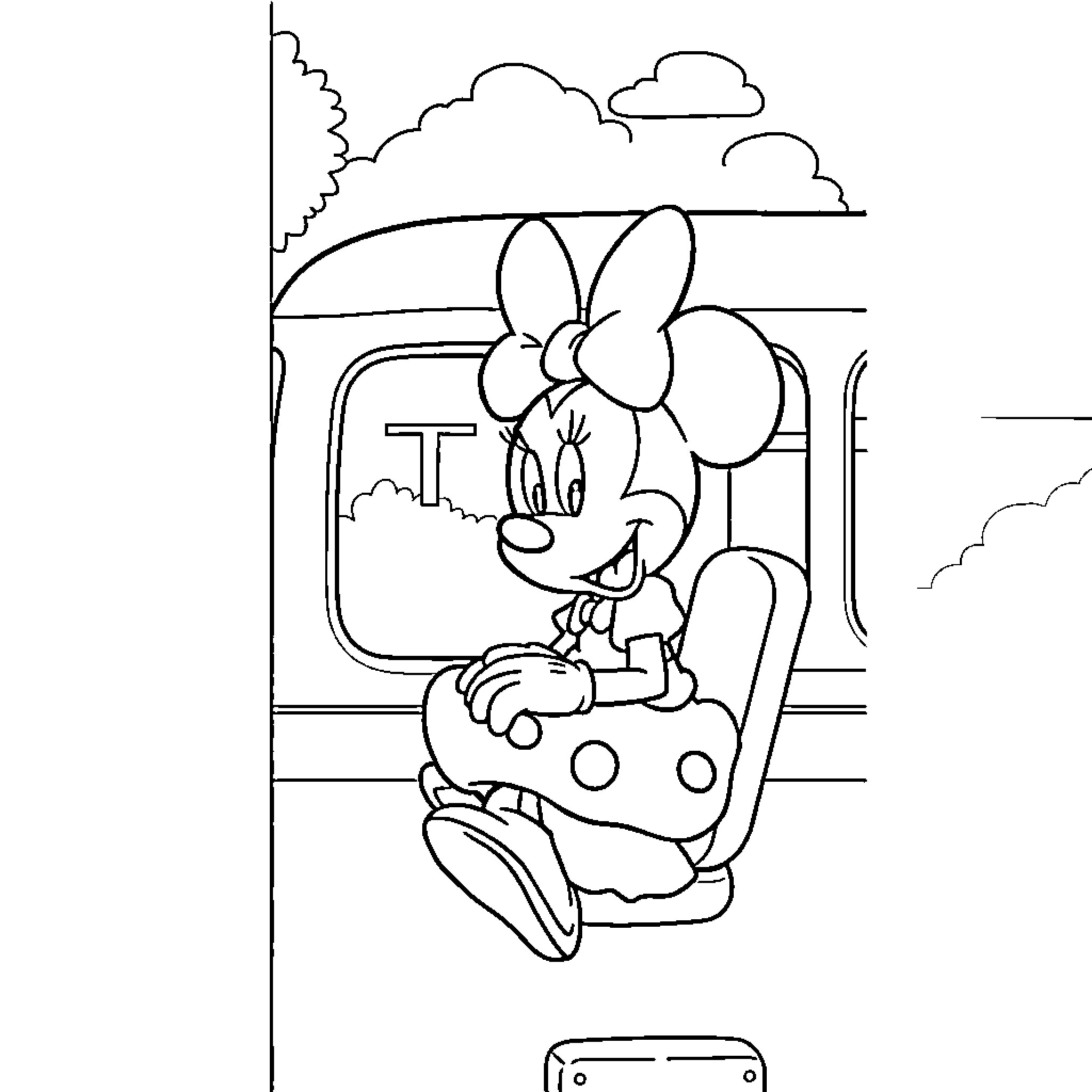 Minnie sitting on a bench in a nature scene Coloring Page (free black-and-white line drawing printable PDF for all, from beginners to advanced learners, including children, teens, adults, and seniors)