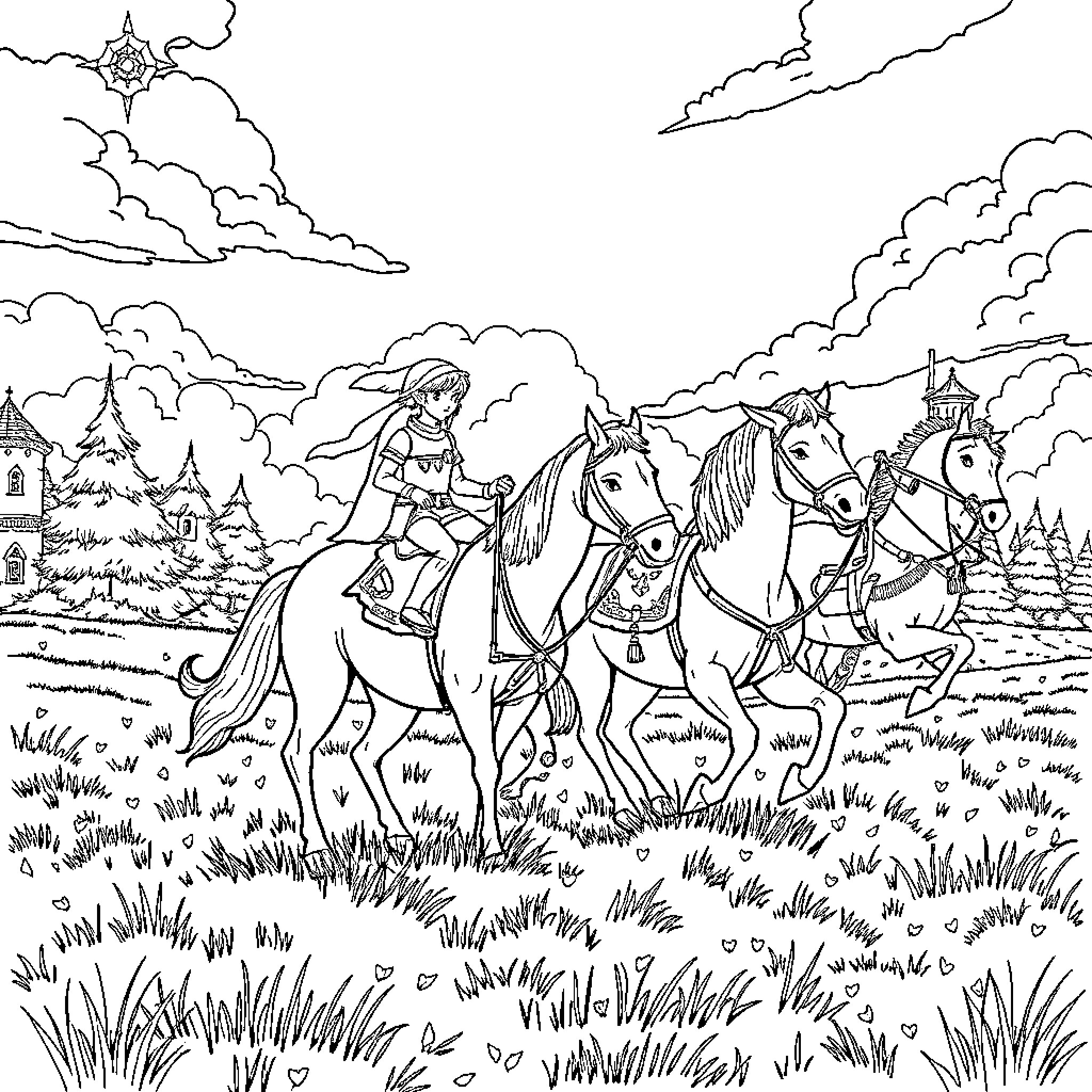 Link and Zelda riding horses through a fantasy landscape Coloring Page (free black-and-white line drawing printable PDF for all, from beginners to advanced learners, including children, teens, adults, and seniors)