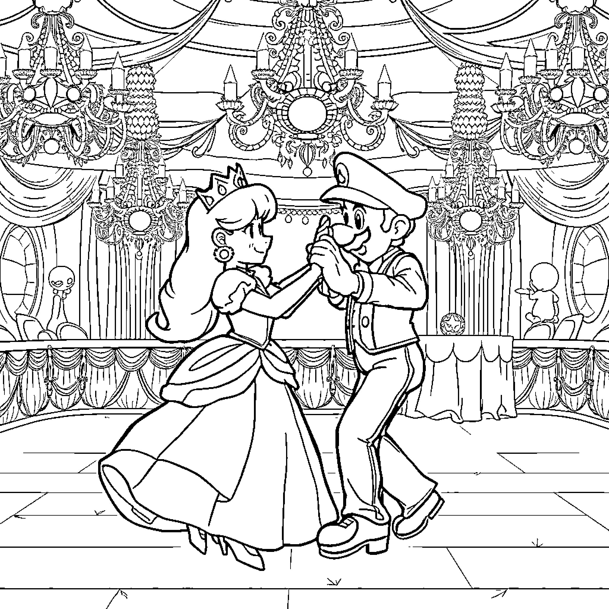 Princess and Prince Ballroom Dancing Coloring Page (free black-and-white line drawing printable PDF for all, from beginners to advanced learners, including children, teens, adults, and seniors)