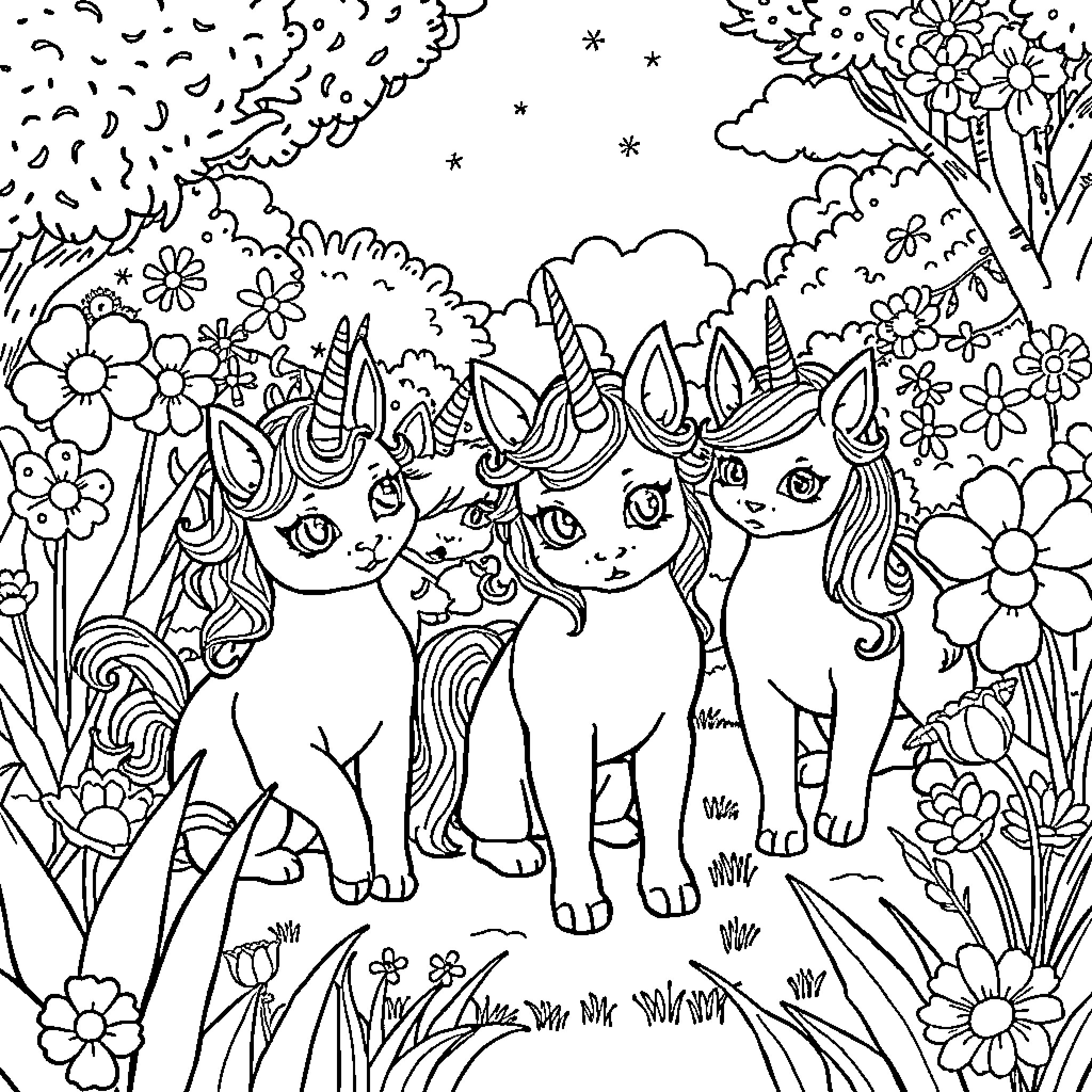 Unicorn Cats frolicking in a whimsical garden Coloring Page (free black-and-white line drawing printable PDF for all, from beginners to advanced learners, including children, teens, adults, and seniors)