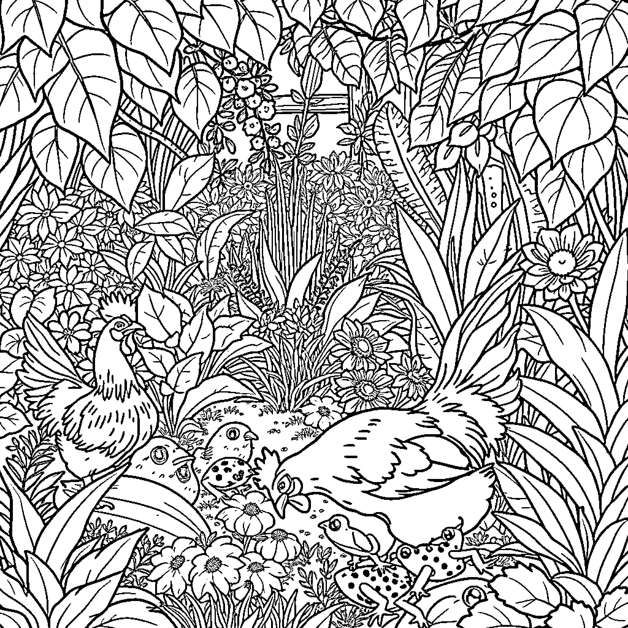 Garden Filled with Vibrant Foliage and Whimsical Creatures Coloring Page (free black-and-white line drawing printable PDF for all, from beginners to advanced learners, including children, teens, adults, and seniors)