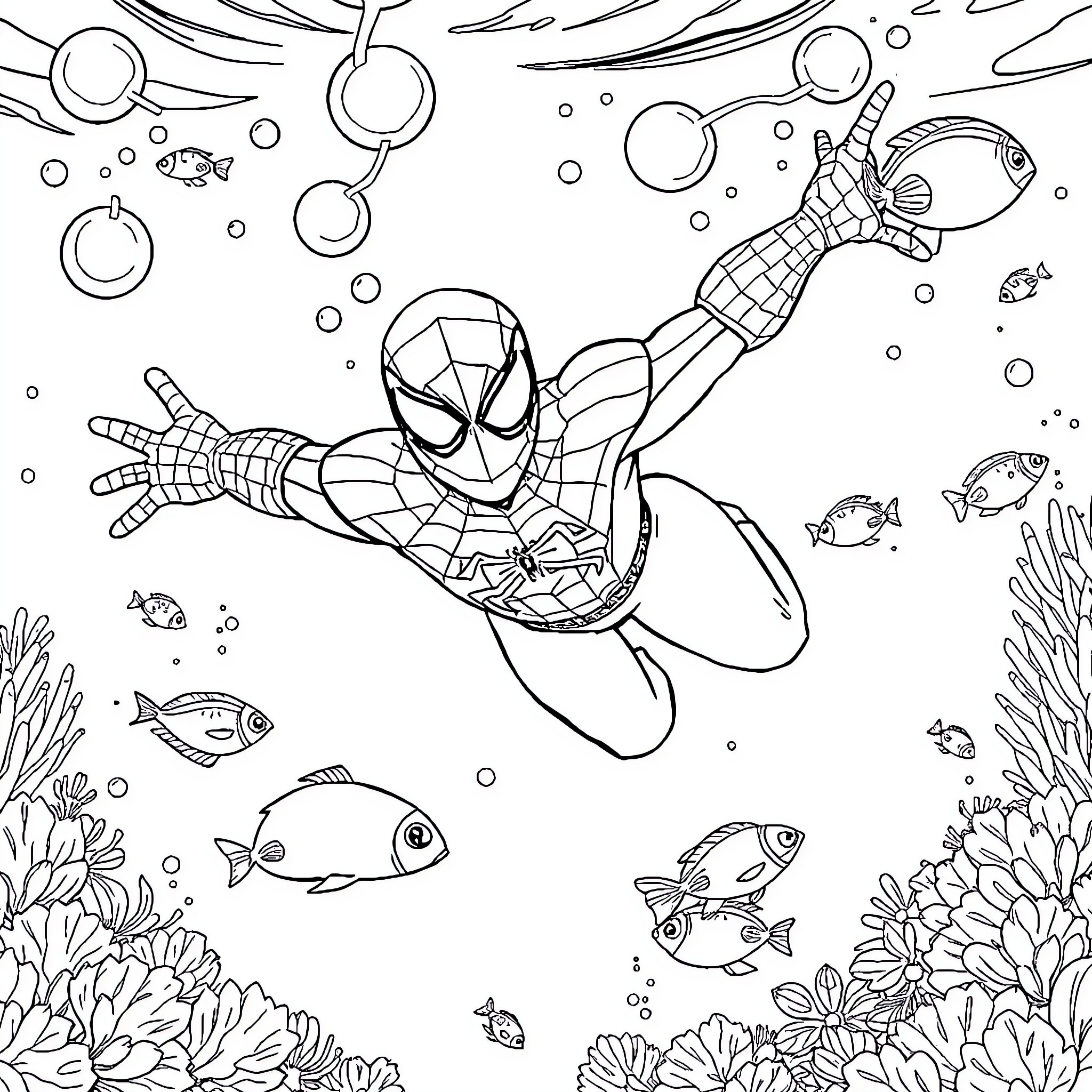 Spider-Man swinging through an underwater scene Coloring Page (free black-and-white line drawing printable PDF for all, from beginners to advanced learners, including children, teens, adults, and seniors)