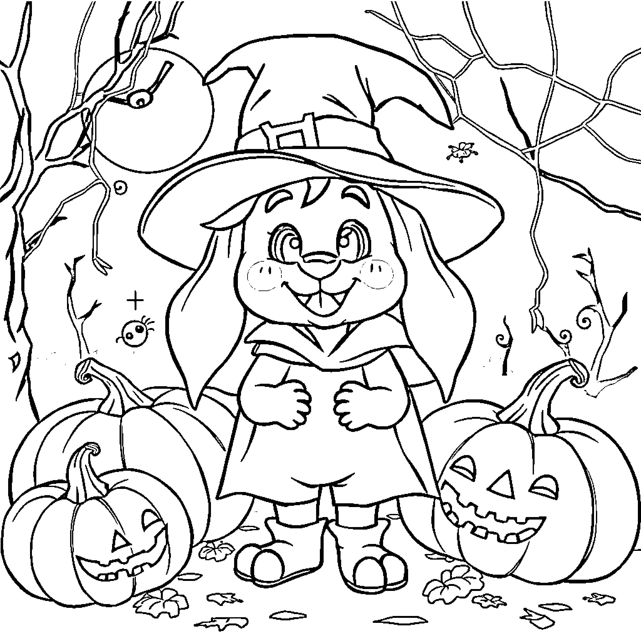 Bluey's Halloween Adventure with Pumpkins and Friends Coloring Page (free black-and-white line drawing printable PDF for all, from beginners to advanced learners, including children, teens, adults, and seniors)