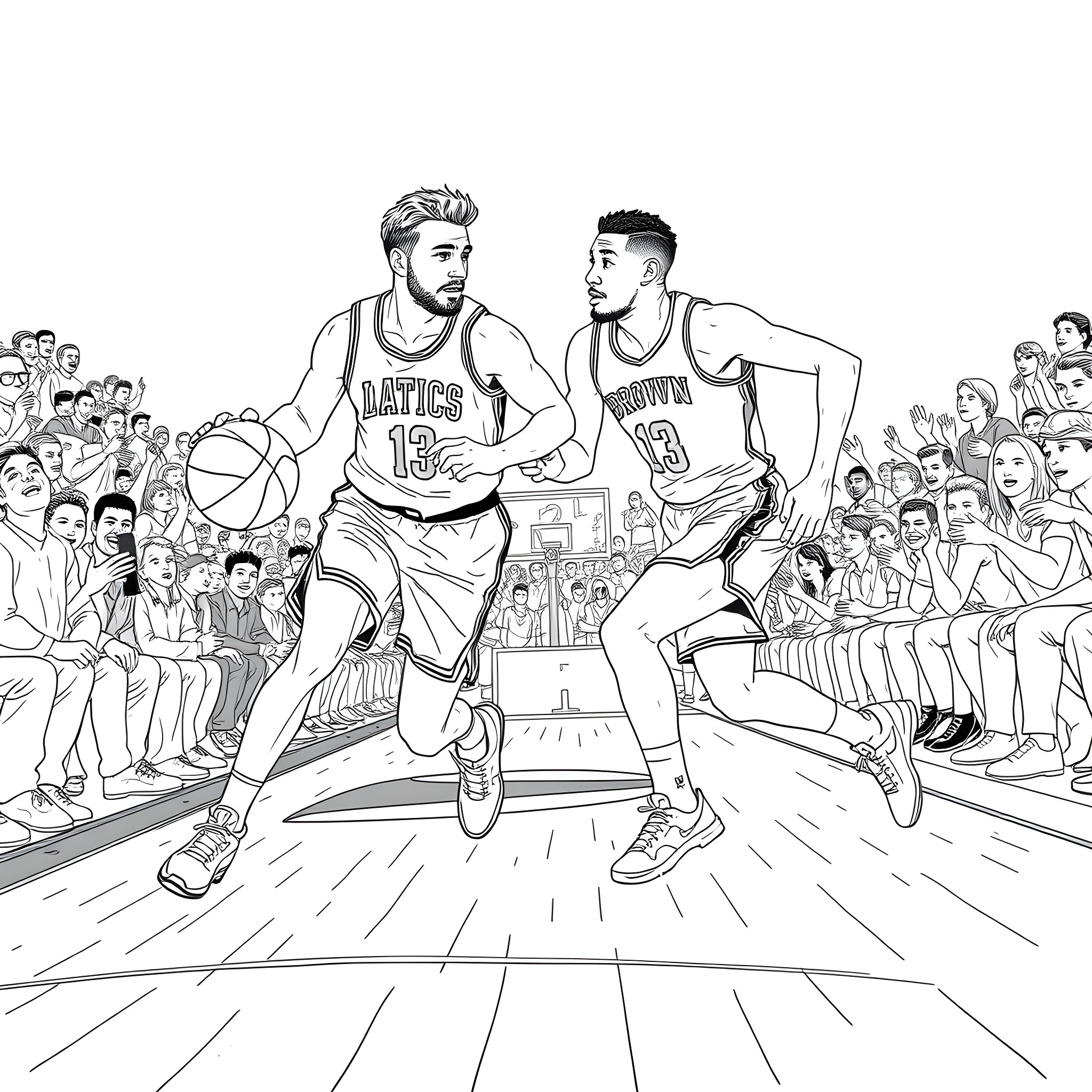 Jayson Tatum and opponent in intense basketball game Coloring Page (free black-and-white line drawing printable PDF for all, from beginners to advanced learners, including children, teens, adults, and seniors)