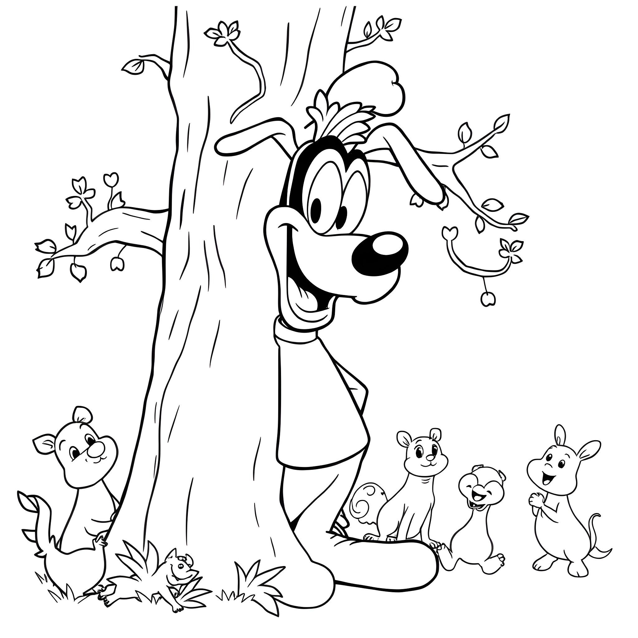 Goofy cartoon animals in the forest Coloring Page (free black-and-white line drawing printable PDF for all, from beginners to advanced learners, including children, teens, adults, and seniors)