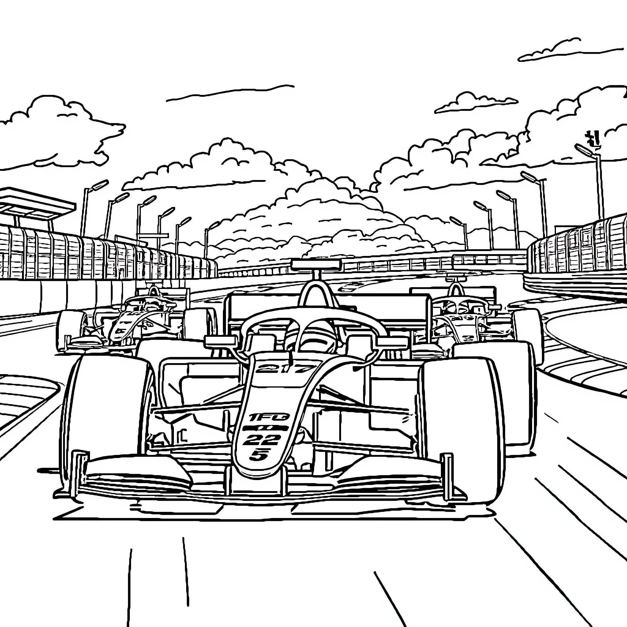 Formula 1 Racing Cars on Circuit Track Coloring Page (free black-and-white line drawing printable PDF for all, from beginners to advanced learners, including children, teens, adults, and seniors)
