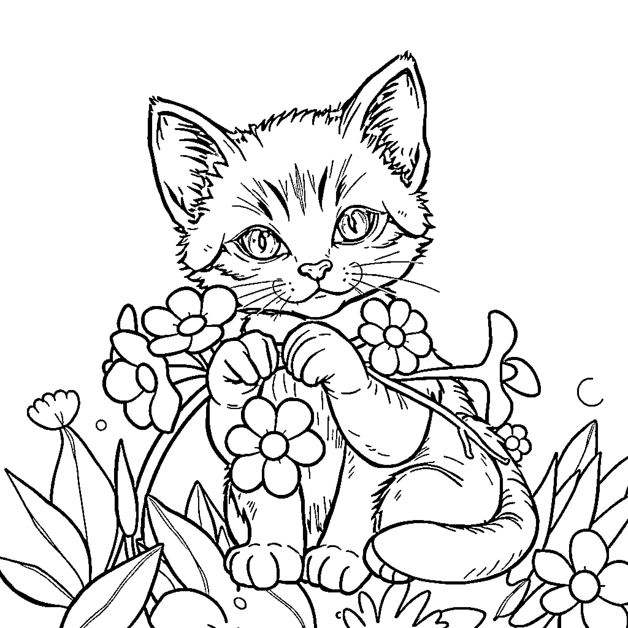 Gato surrounded by flowers and nature Coloring Page (free black-and-white line drawing printable PDF for all, from beginners to advanced learners, including children, teens, adults, and seniors)