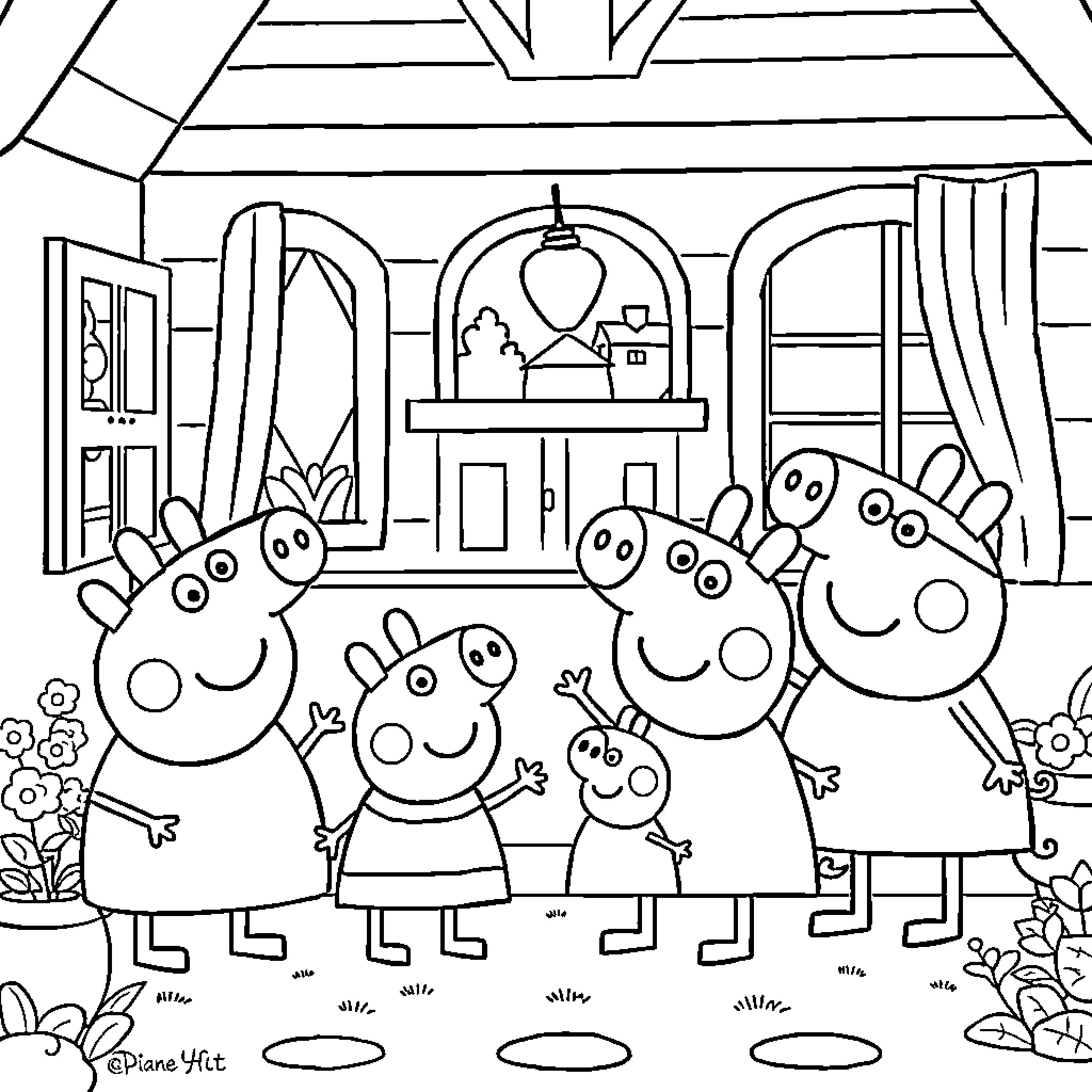 Peppa Pig family enjoying a day at home Coloring Page (free black-and-white line drawing printable PDF for all, from beginners to advanced learners, including children, teens, adults, and seniors)