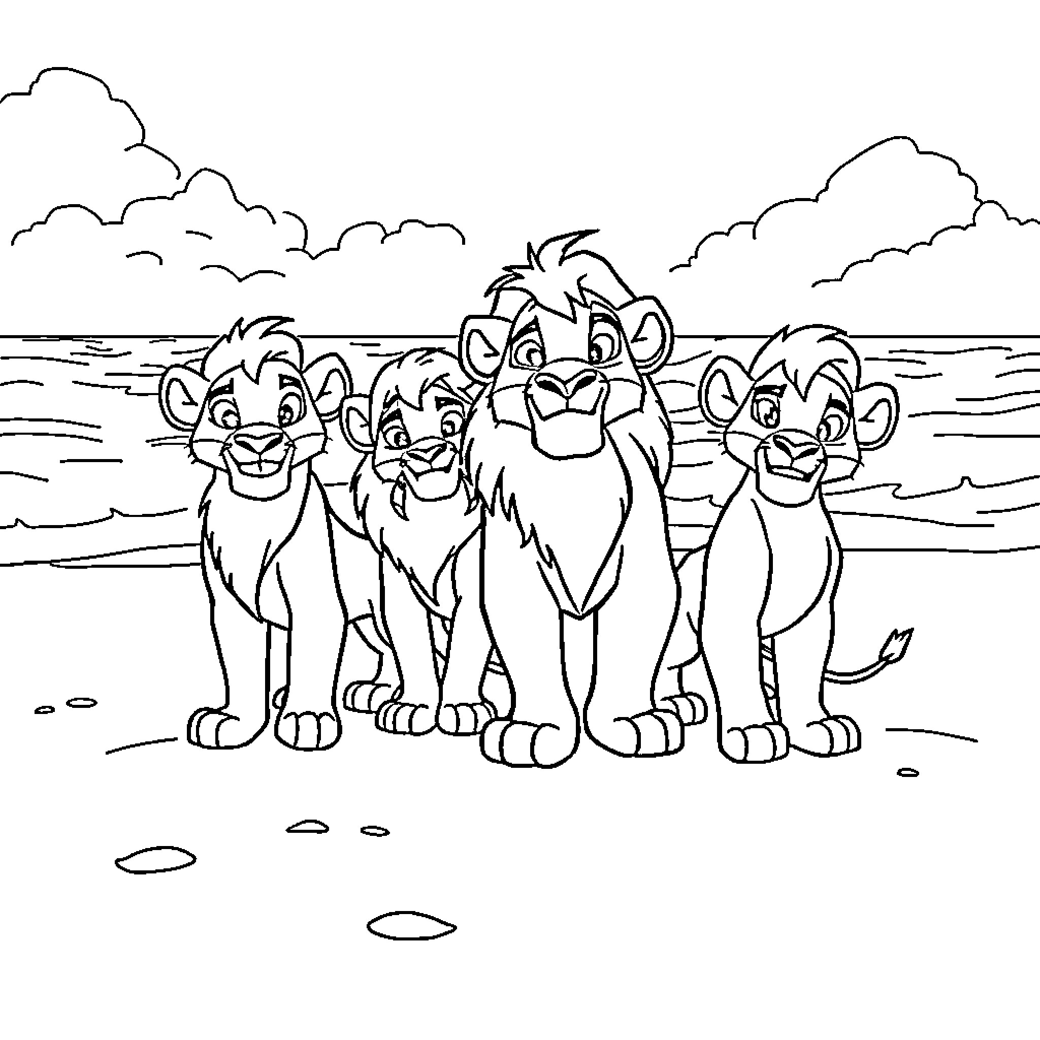 Lion family enjoying nature together Coloring Page (free black-and-white line drawing printable PDF for all, from beginners to advanced learners, including children, teens, adults, and seniors)
