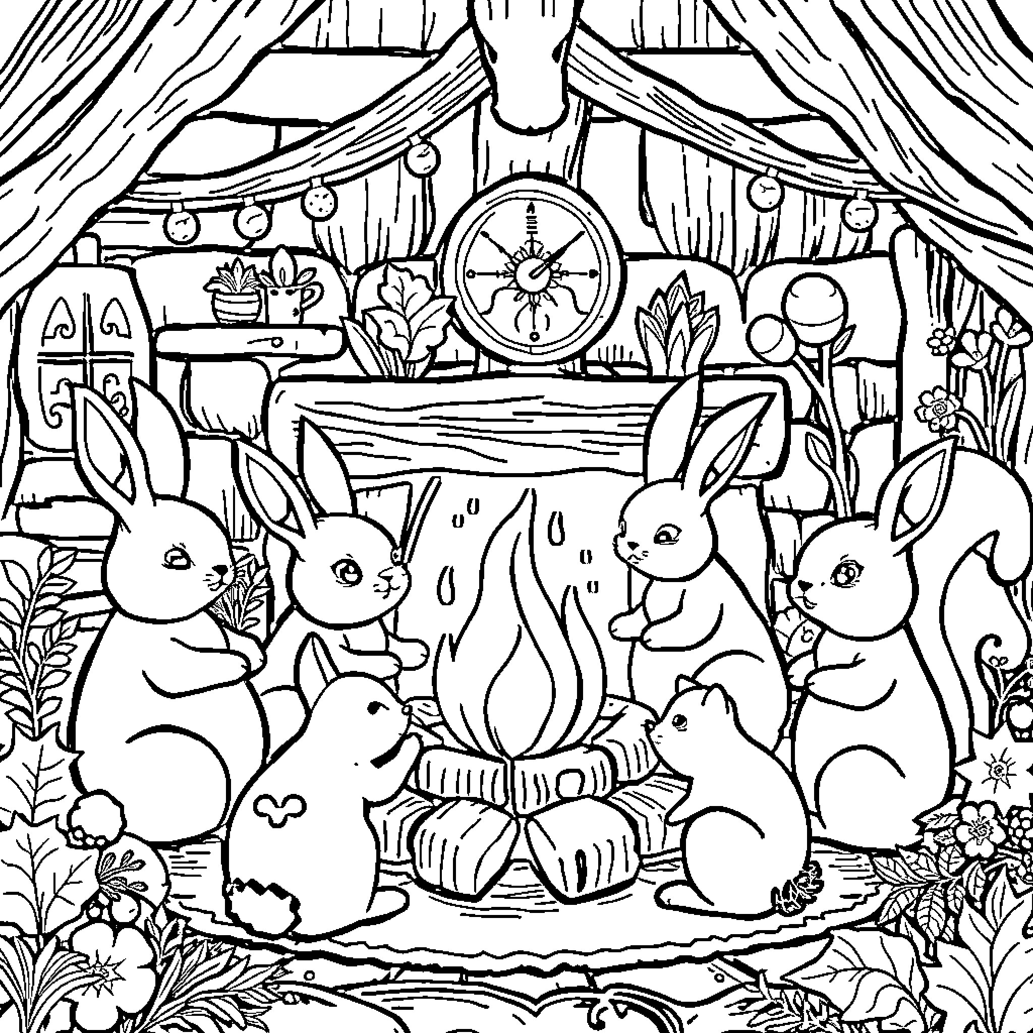 Creature gathering around a campfire in a mystical forest Coloring Page (free black-and-white line drawing printable PDF for all, from beginners to advanced learners, including children, teens, adults, and seniors)