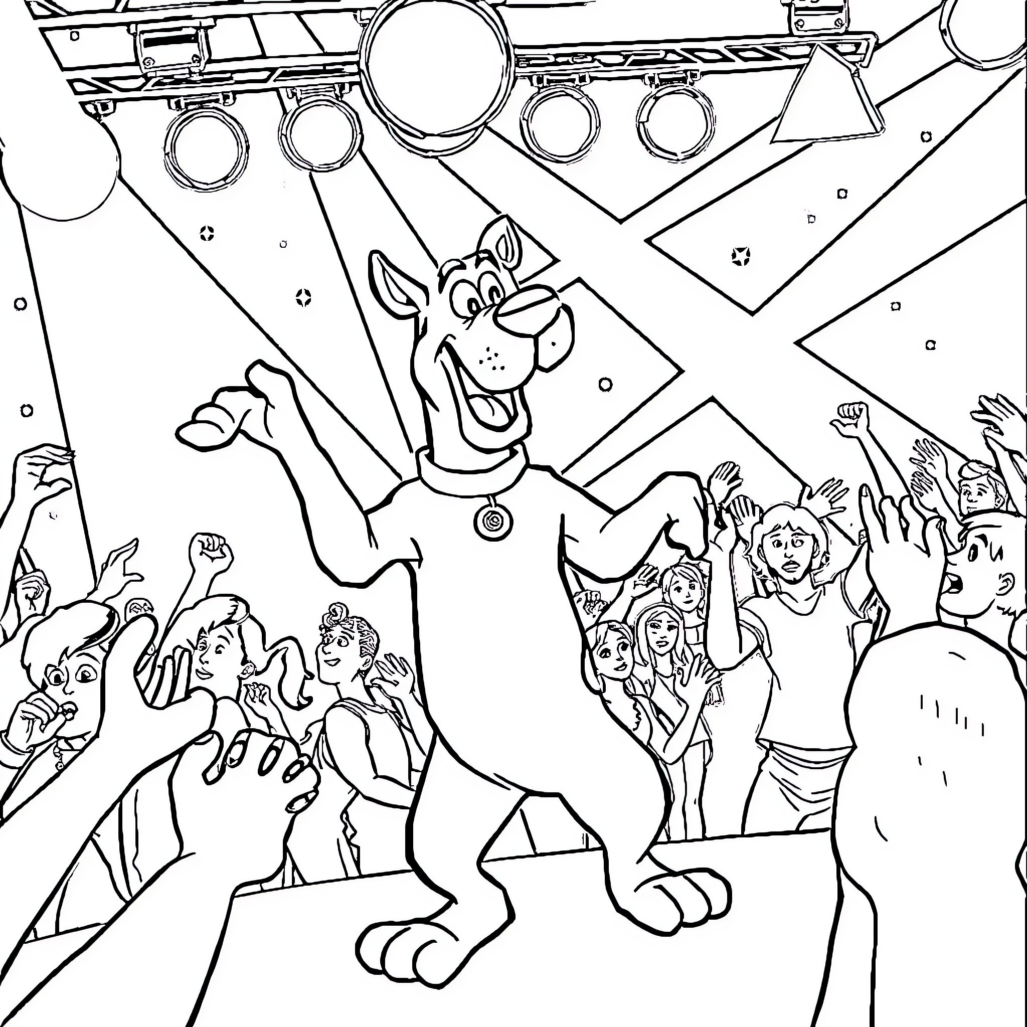 Scooby Doo leading a lively stage performance Coloring Page (free black-and-white line drawing printable PDF for all, from beginners to advanced learners, including children, teens, adults, and seniors)