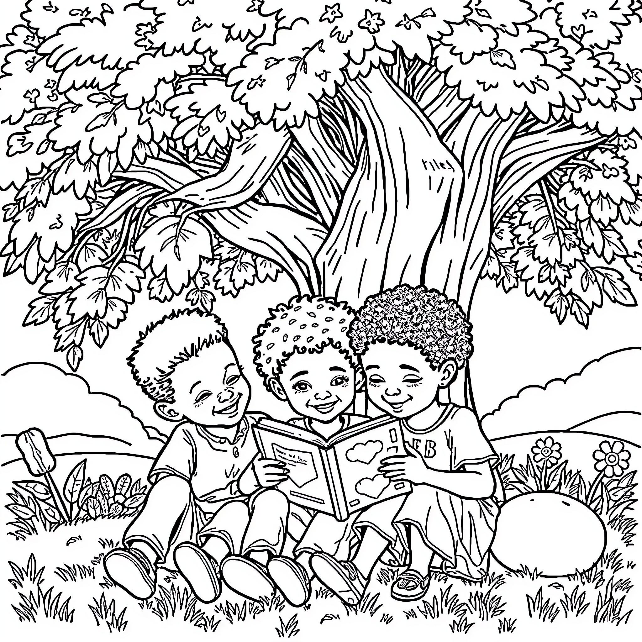 Children reading a book in the nature Coloring Page (free black-and-white line drawing printable PDF for all, from beginners to advanced learners, including children, teens, adults, and seniors)