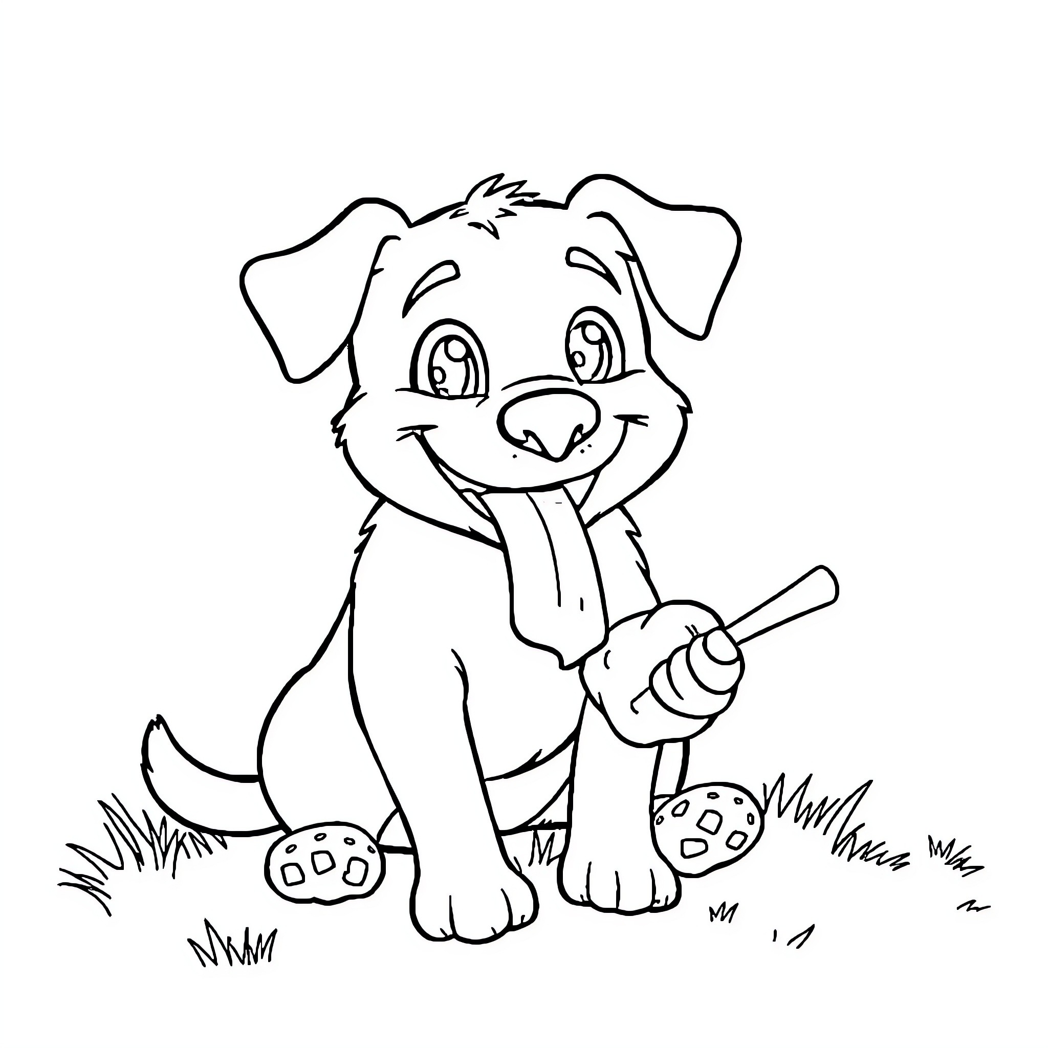 Dog playing happily with a stick in the grass Coloring Page (free black-and-white line drawing printable PDF for all, from beginners to advanced learners, including children, teens, adults, and seniors)