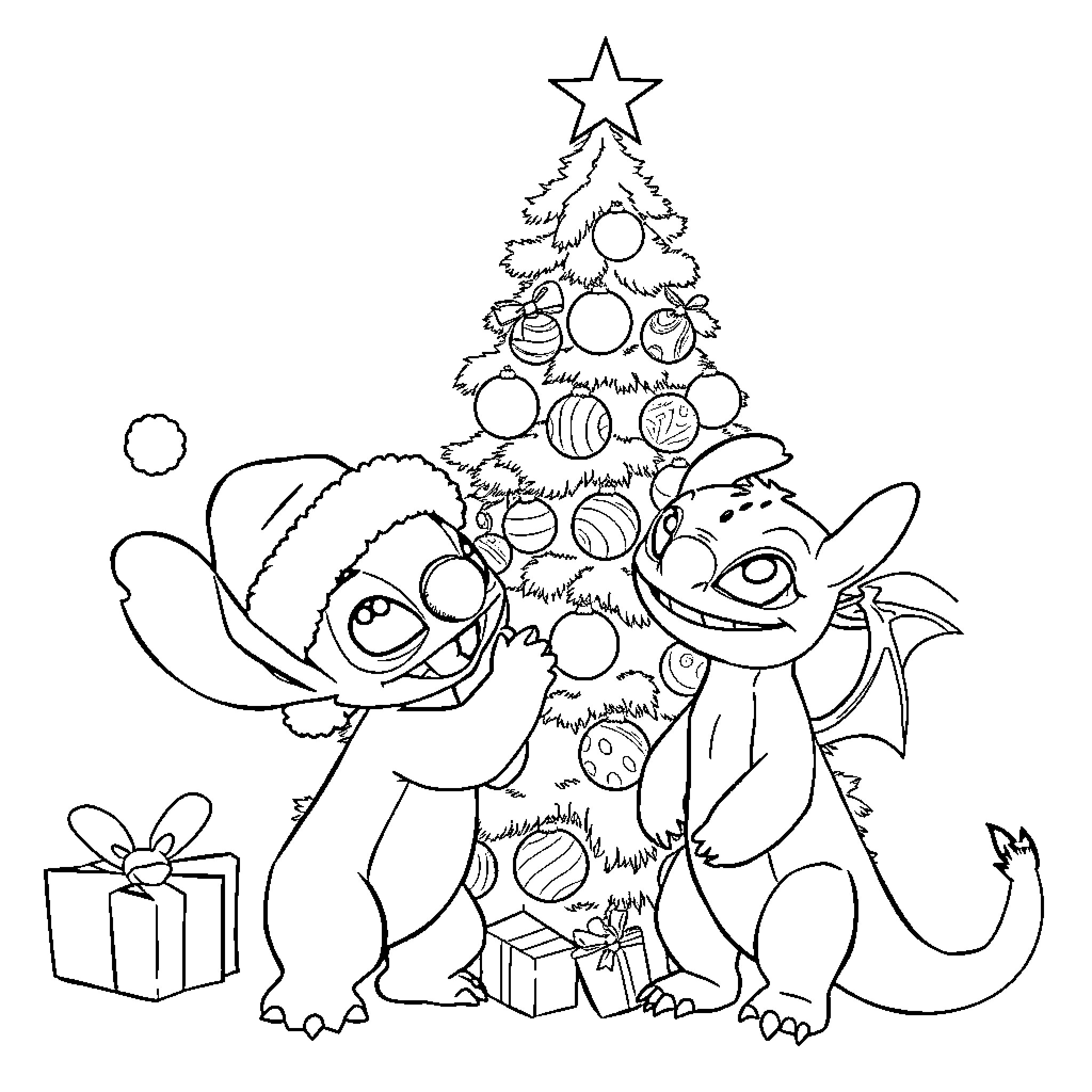 Stitch and Friends Celebrate Christmas with Tree Coloring Page (free black-and-white line drawing printable PDF for all, from beginners to advanced learners, including children, teens, adults, and seniors)