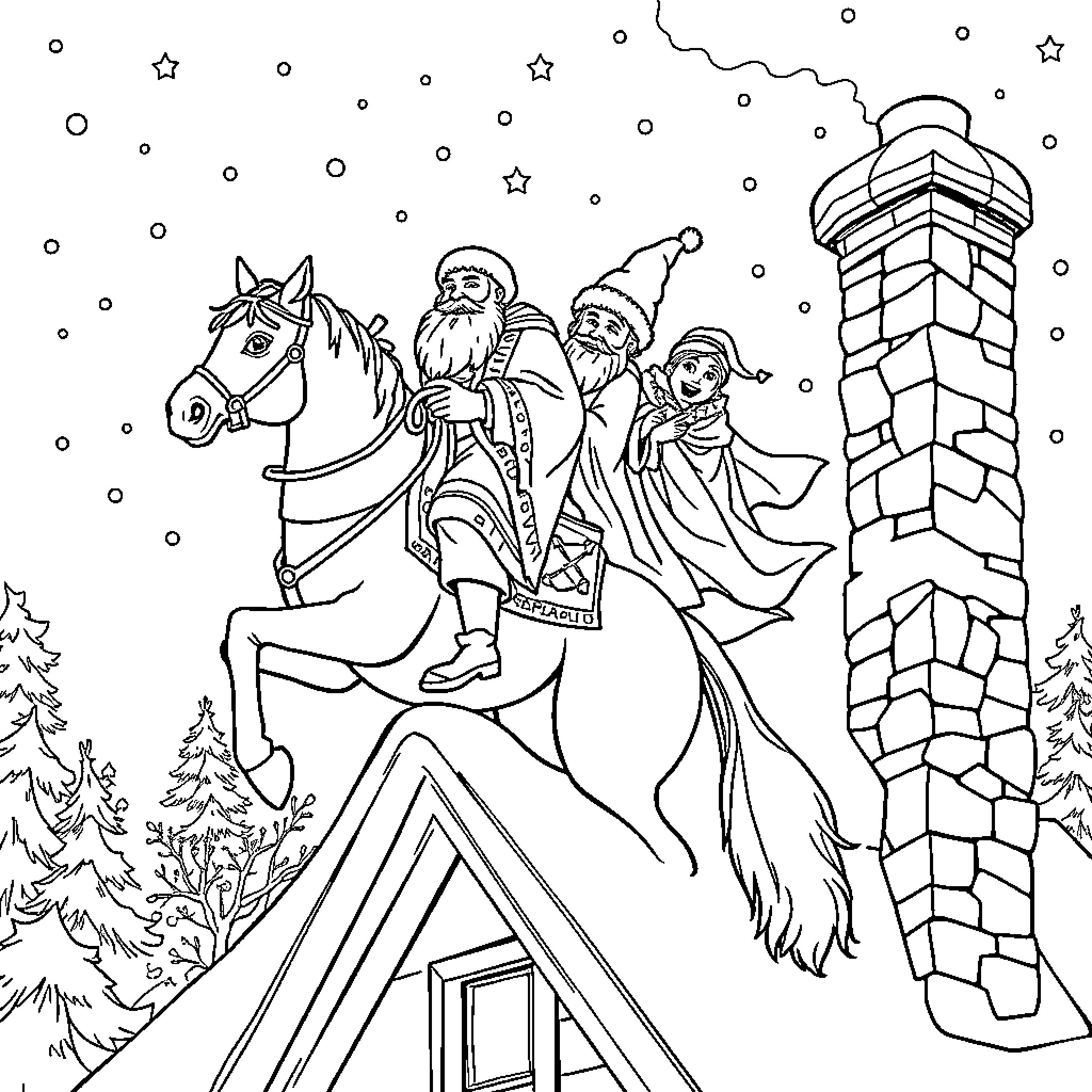 Saint Nicholas and Children in Winter Wonderland Coloring Page (free black-and-white line drawing printable PDF for all, from beginners to advanced learners, including children, teens, adults, and seniors)