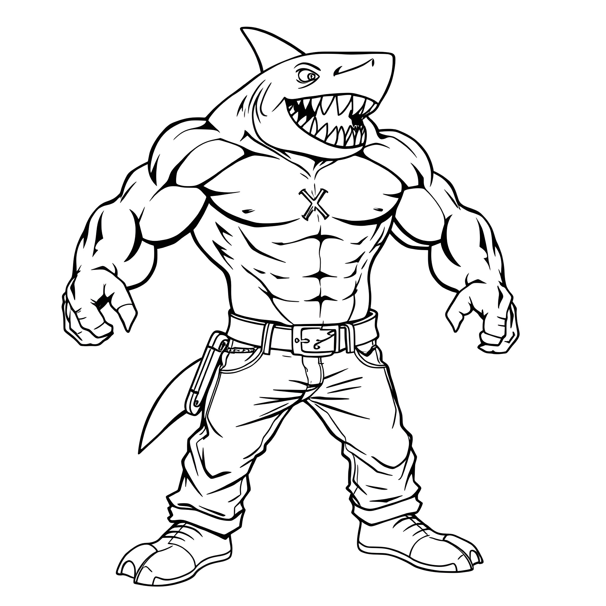 Shark-headed muscular warrior in fighting stance Coloring Page (free black-and-white line drawing printable PDF for all, from beginners to advanced learners, including children, teens, adults, and seniors)