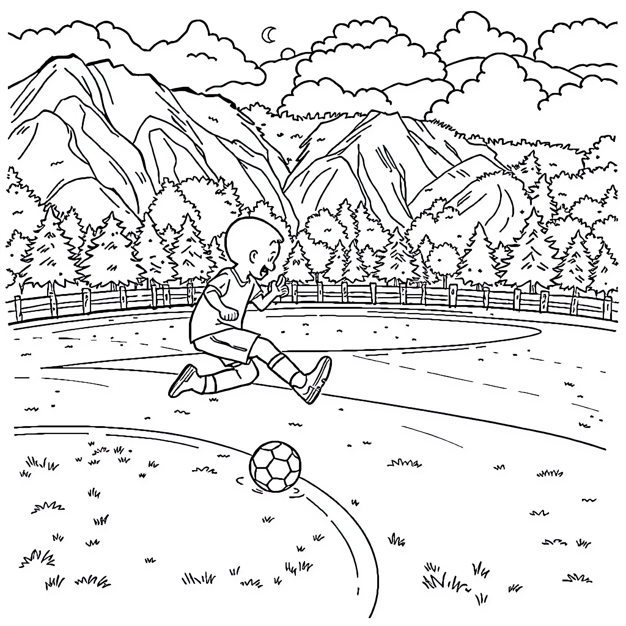 Stitch kicking a soccer ball on a mountain path Coloring Page (free black-and-white line drawing printable PDF for all, from beginners to advanced learners, including children, teens, adults, and seniors)