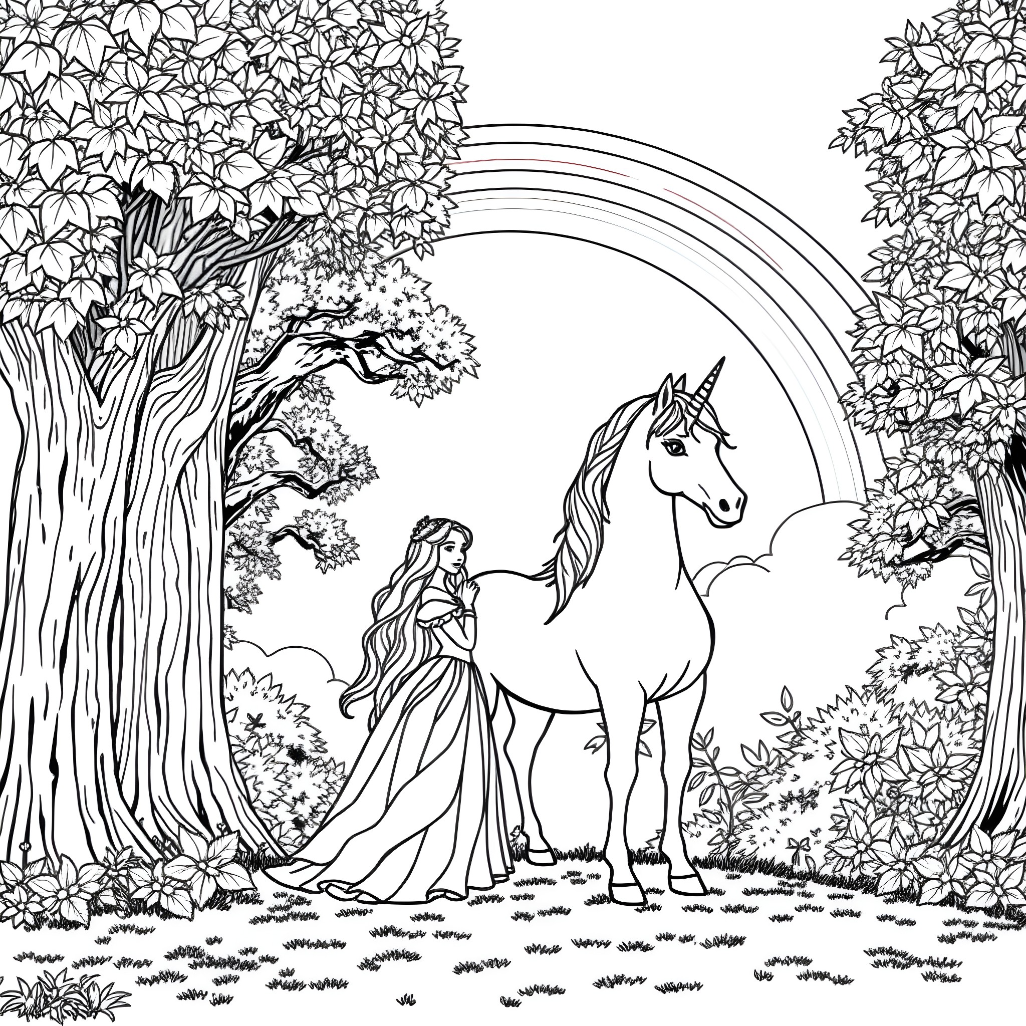 Princess befriends magical unicorn in enchanted forest Coloring Page (free black-and-white line drawing printable PDF for all, from beginners to advanced learners, including children, teens, adults, and seniors)