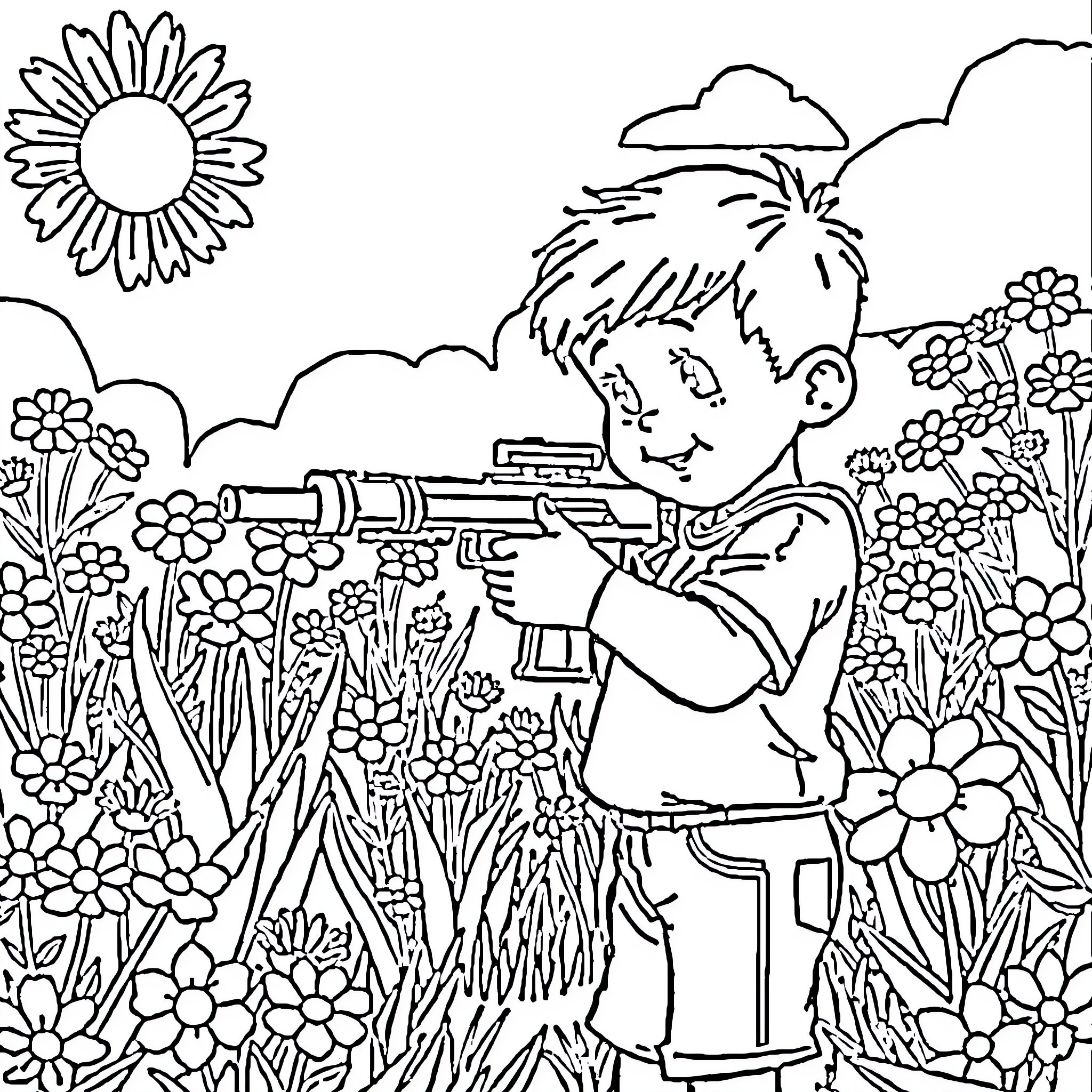 Kid playing with toy gun in a floral garden Coloring Page (free black-and-white line drawing printable PDF for all, from beginners to advanced learners, including children, teens, adults, and seniors)