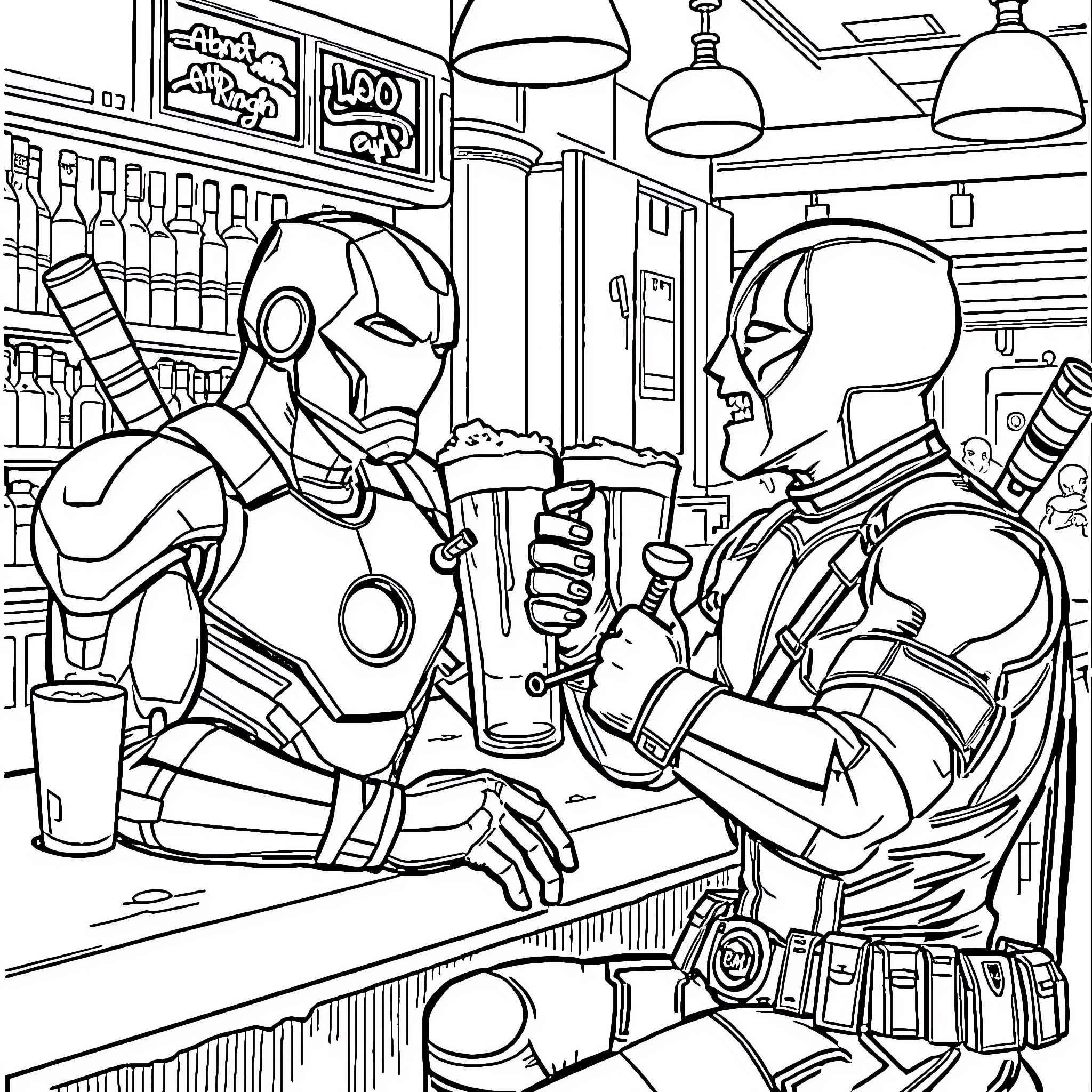 Iron Man and Deadpool Enjoy a Drink at the Bar Coloring Page (free black-and-white line drawing printable PDF for all, from beginners to advanced learners, including children, teens, adults, and seniors)