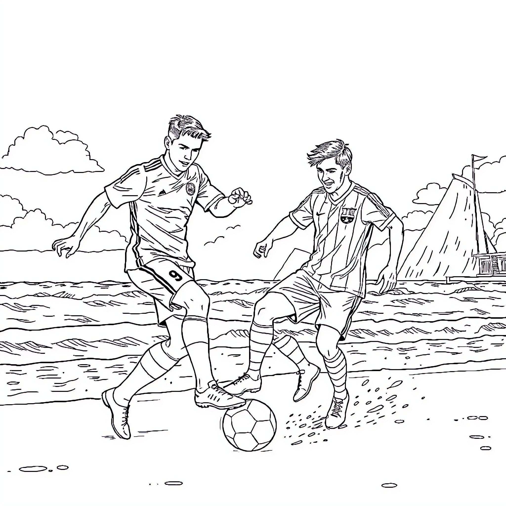 Cristiano Ronaldo and Lionel Messi playing soccer on the beach Coloring Page (free black-and-white line drawing printable PDF for all, from beginners to advanced learners, including children, teens, adults, and seniors)