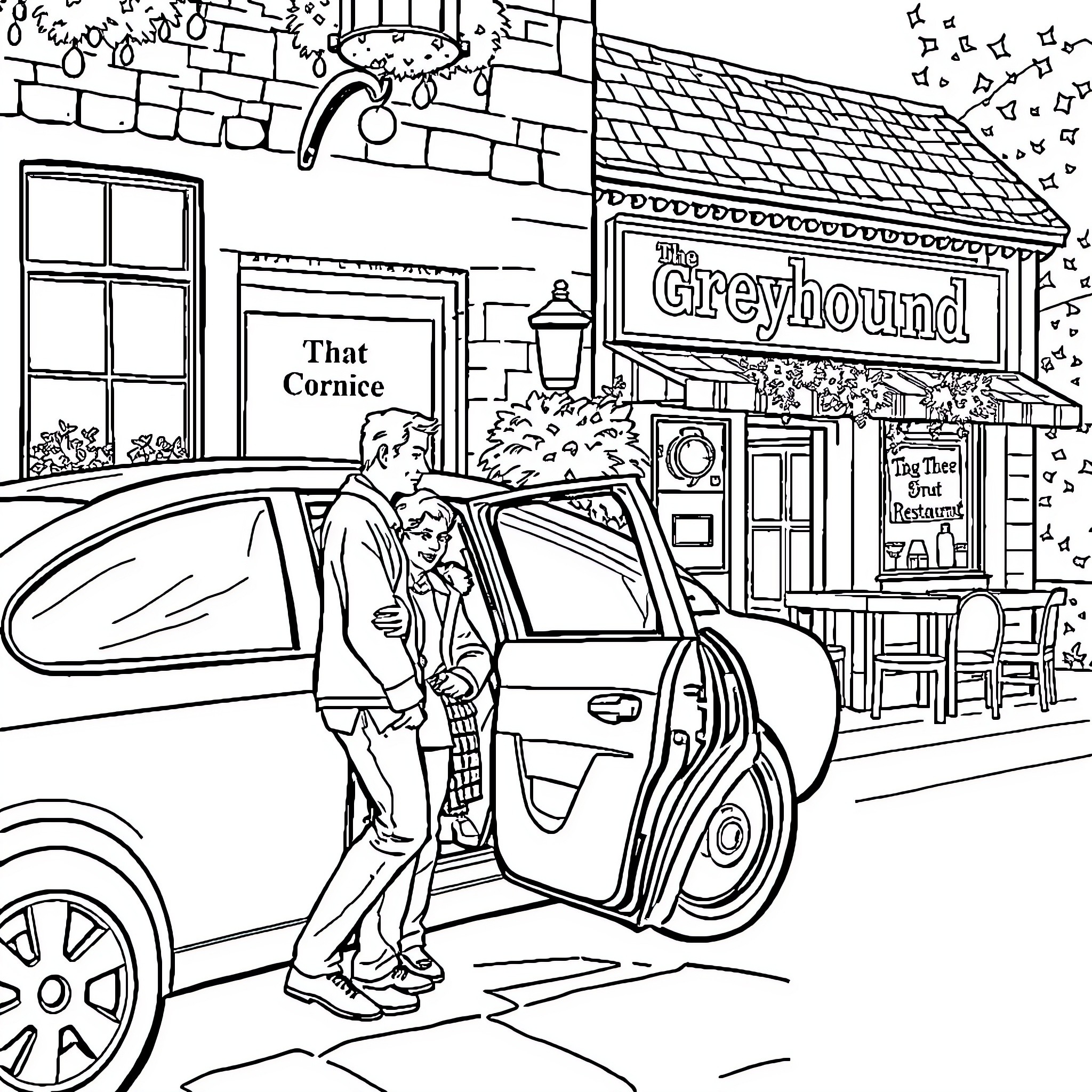 Man exiting car near Greyhound bus station Coloring Page (free black-and-white line drawing printable PDF for all, from beginners to advanced learners, including children, teens, adults, and seniors)