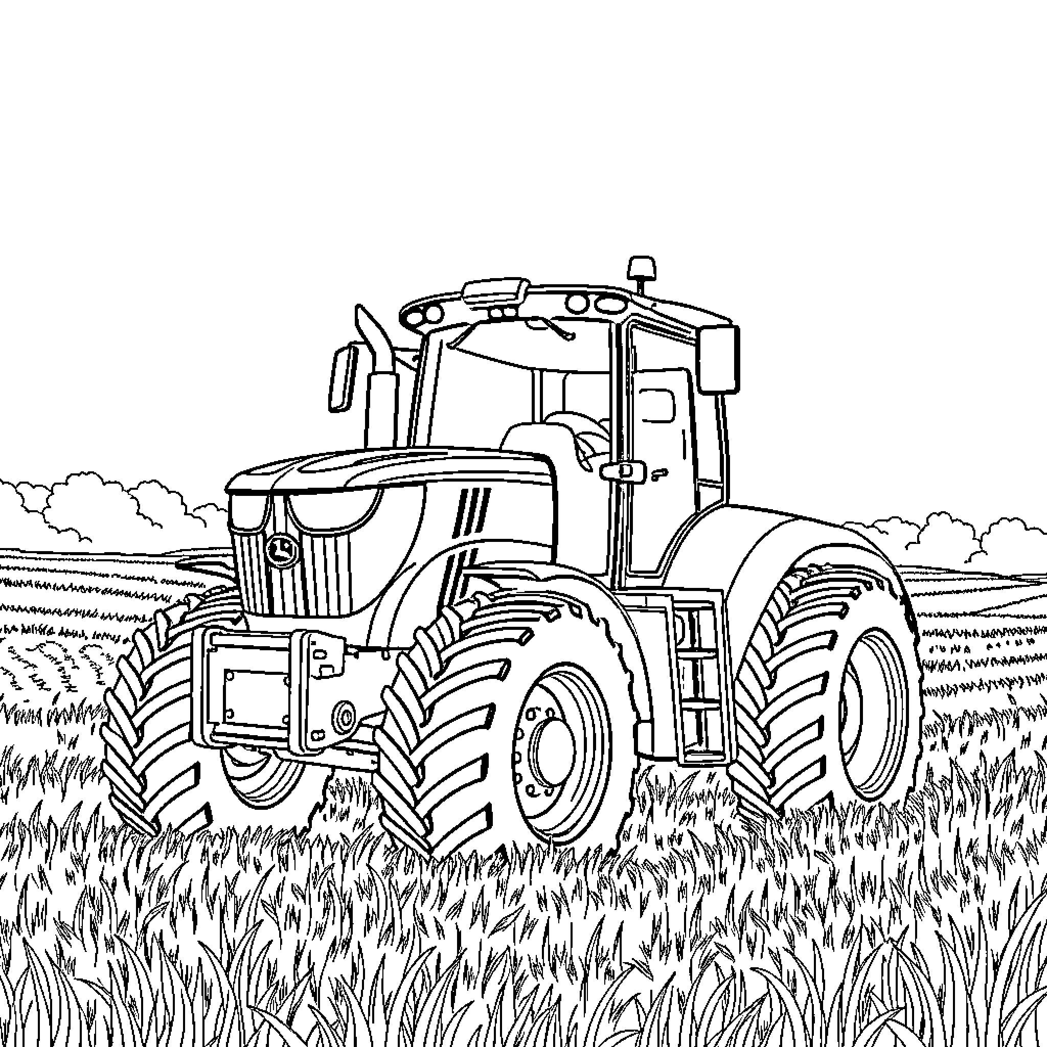 Tractor working diligently in the field Coloring Page (free black-and-white line drawing printable PDF for all, from beginners to advanced learners, including children, teens, adults, and seniors)