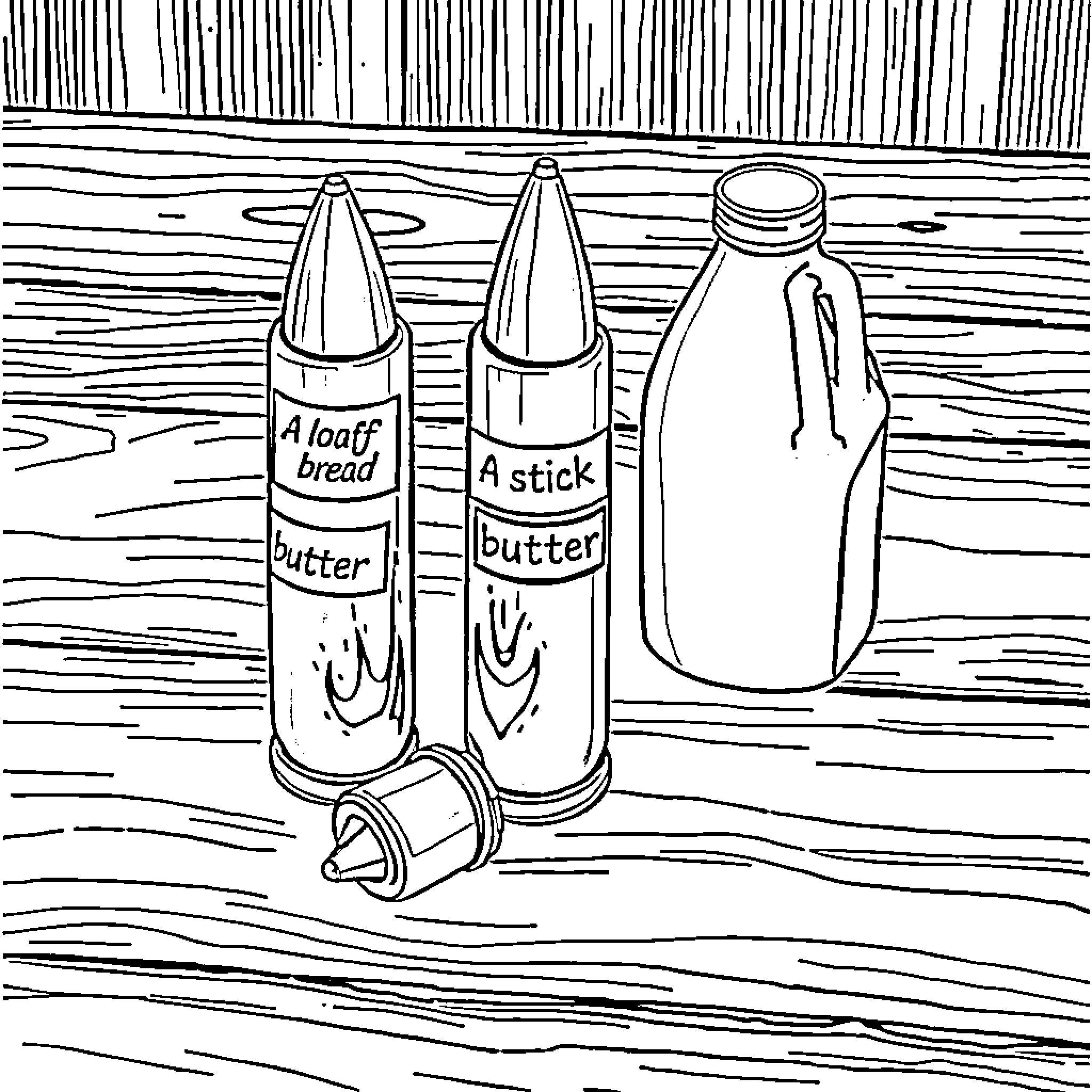 Bullet Pantry Items on Wooden Surface Coloring Page (free black-and-white line drawing printable PDF for all, from beginners to advanced learners, including children, teens, adults, and seniors)