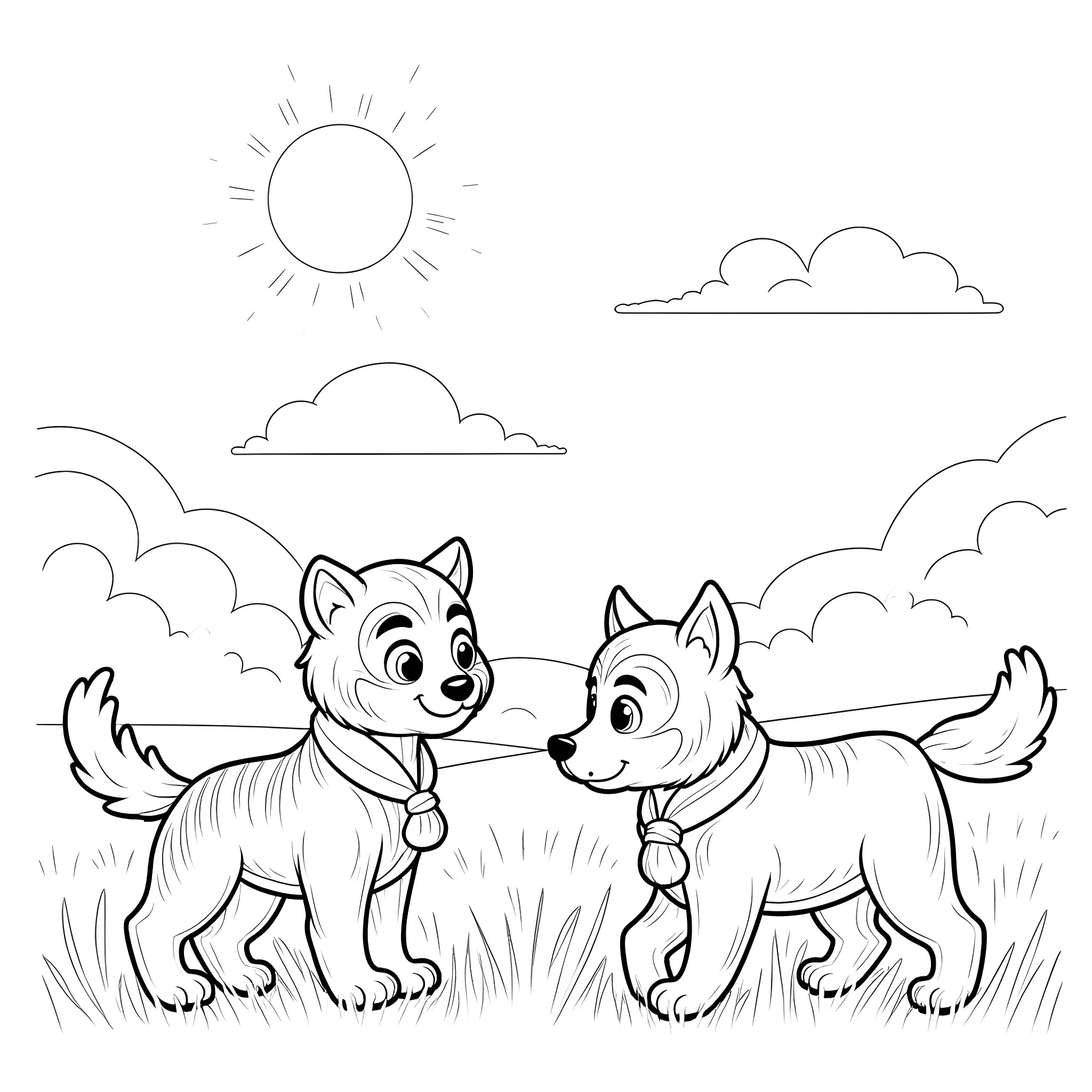 Playful Pups under the Sunny Sky Coloring Page (free black-and-white line drawing printable PDF for all, from beginners to advanced learners, including children, teens, adults, and seniors)
