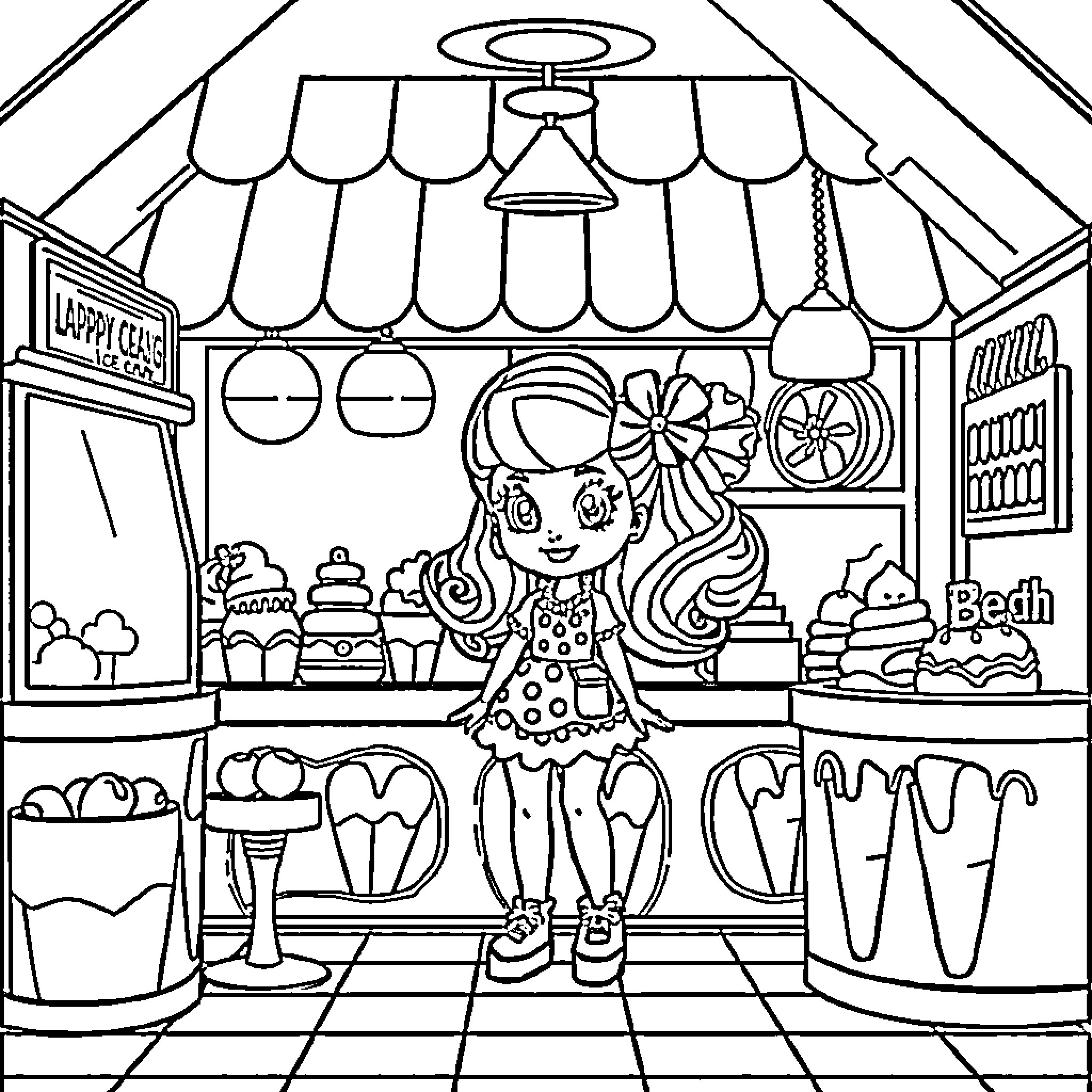 Dollhouse Bakeshop with Cheerful Girl Coloring Page (free black-and-white line drawing printable PDF for all, from beginners to advanced learners, including children, teens, adults, and seniors)