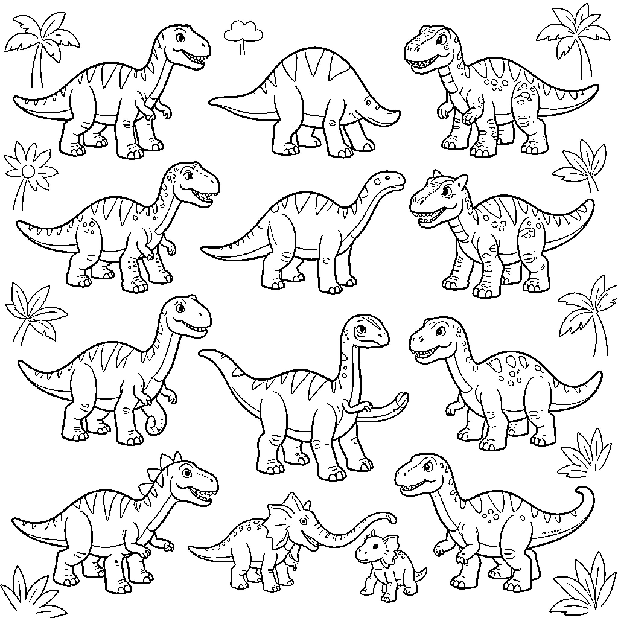 Dinosaur Characters in a Playful Illustration Coloring Page (free black-and-white line drawing printable PDF for all, from beginners to advanced learners, including children, teens, adults, and seniors)