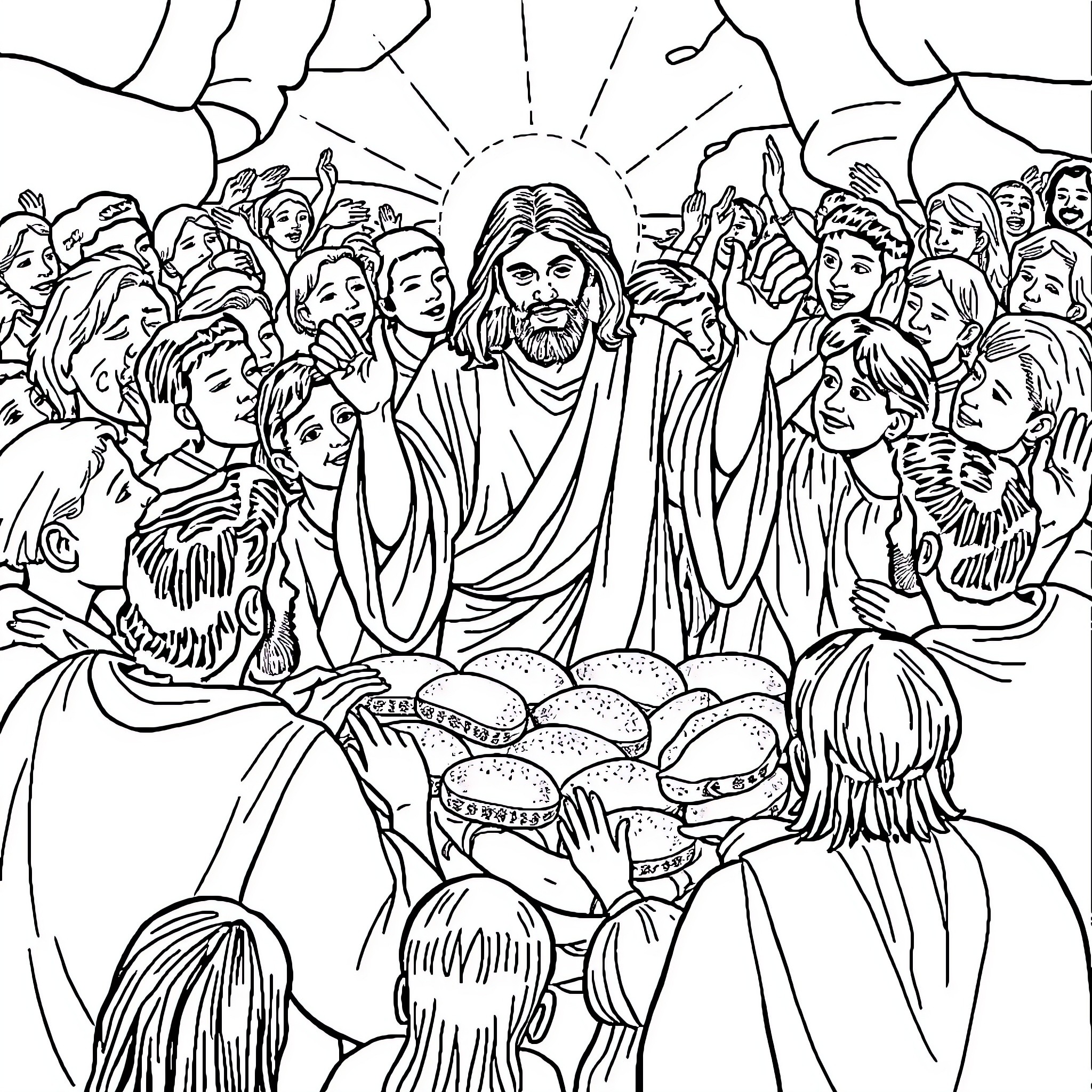 Jesus Preaching to the Multitude with Compassion Coloring Page (free black-and-white line drawing printable PDF for all, from beginners to advanced learners, including children, teens, adults, and seniors)